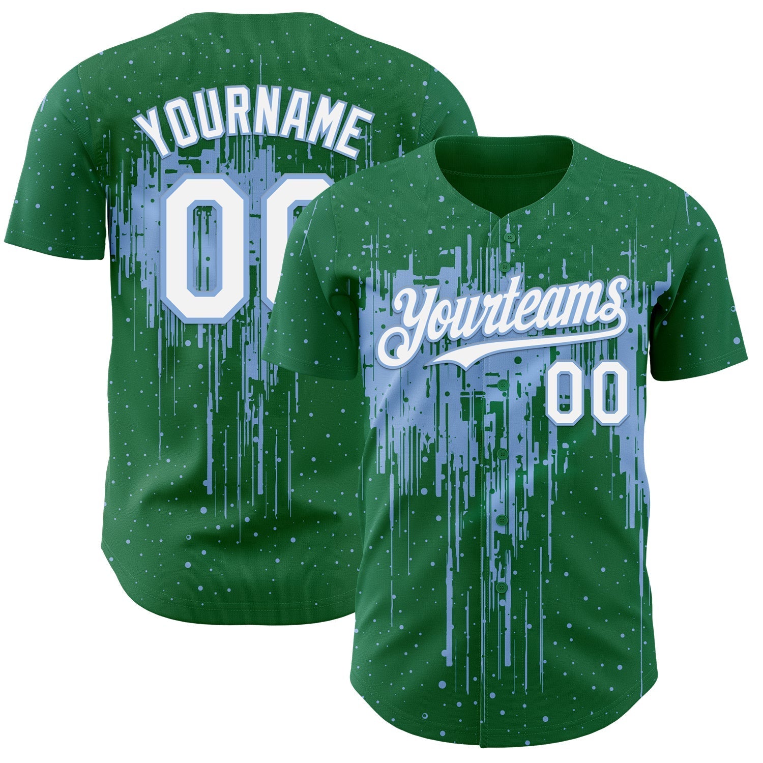 Custom Kelly Green White-Light Blue Dripping Splatter Paint Authentic Baseball Jersey baseball jersey product view 1