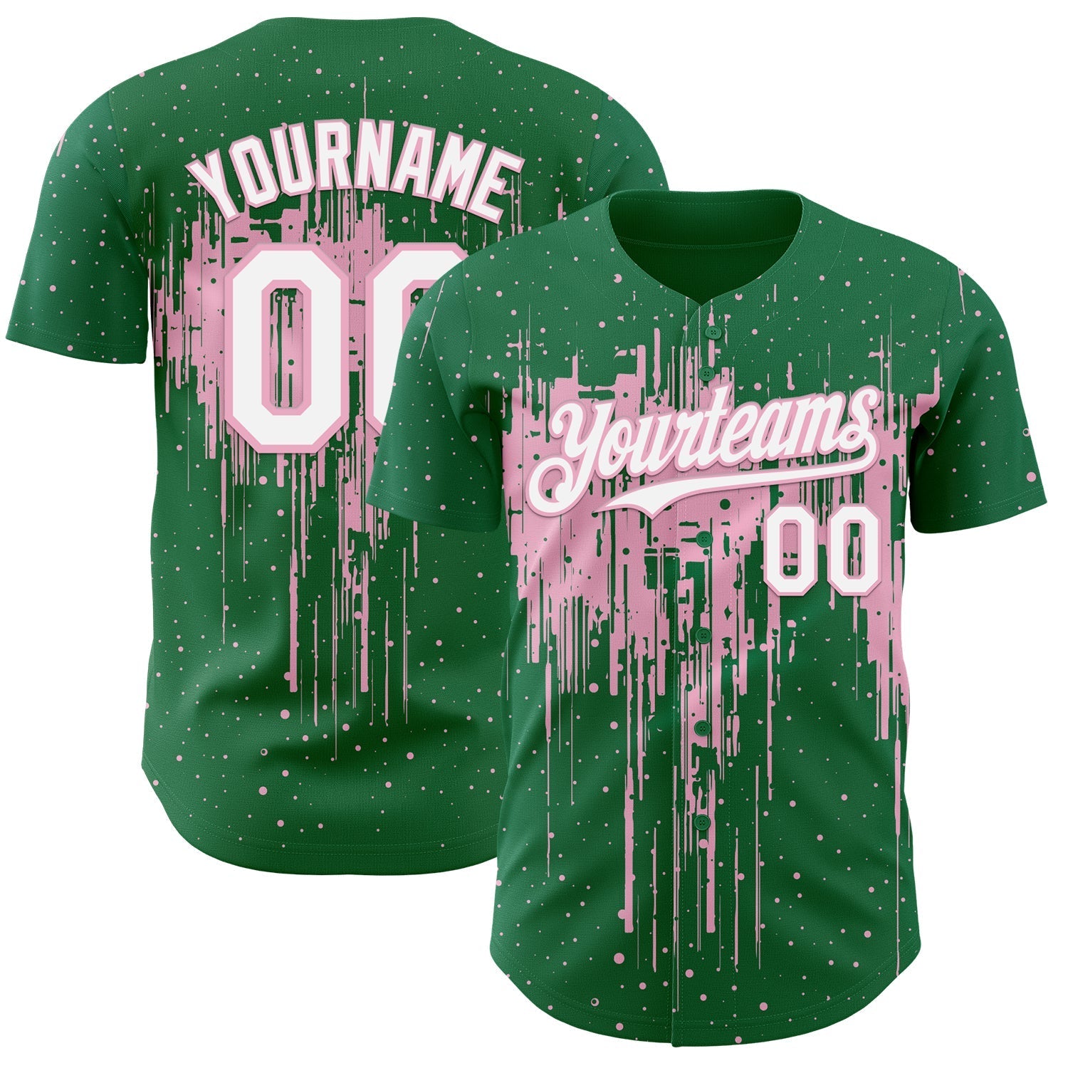 Custom Kelly Green White-Light Pink Dripping Splatter Paint Authentic Baseball Jersey baseball jersey product view 1