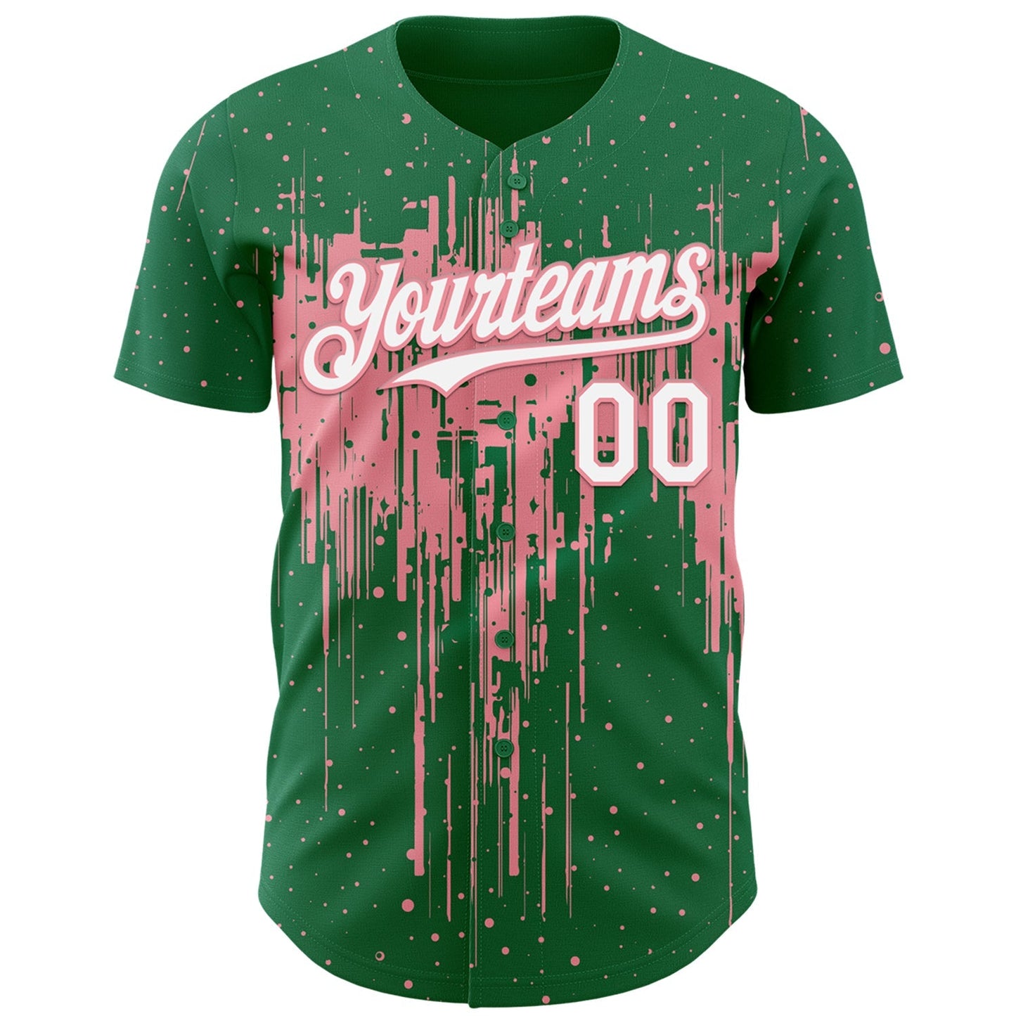 Custom Kelly Green White-Medium Pink Dripping Splatter Paint Authentic Baseball Jersey baseball jersey product view 2