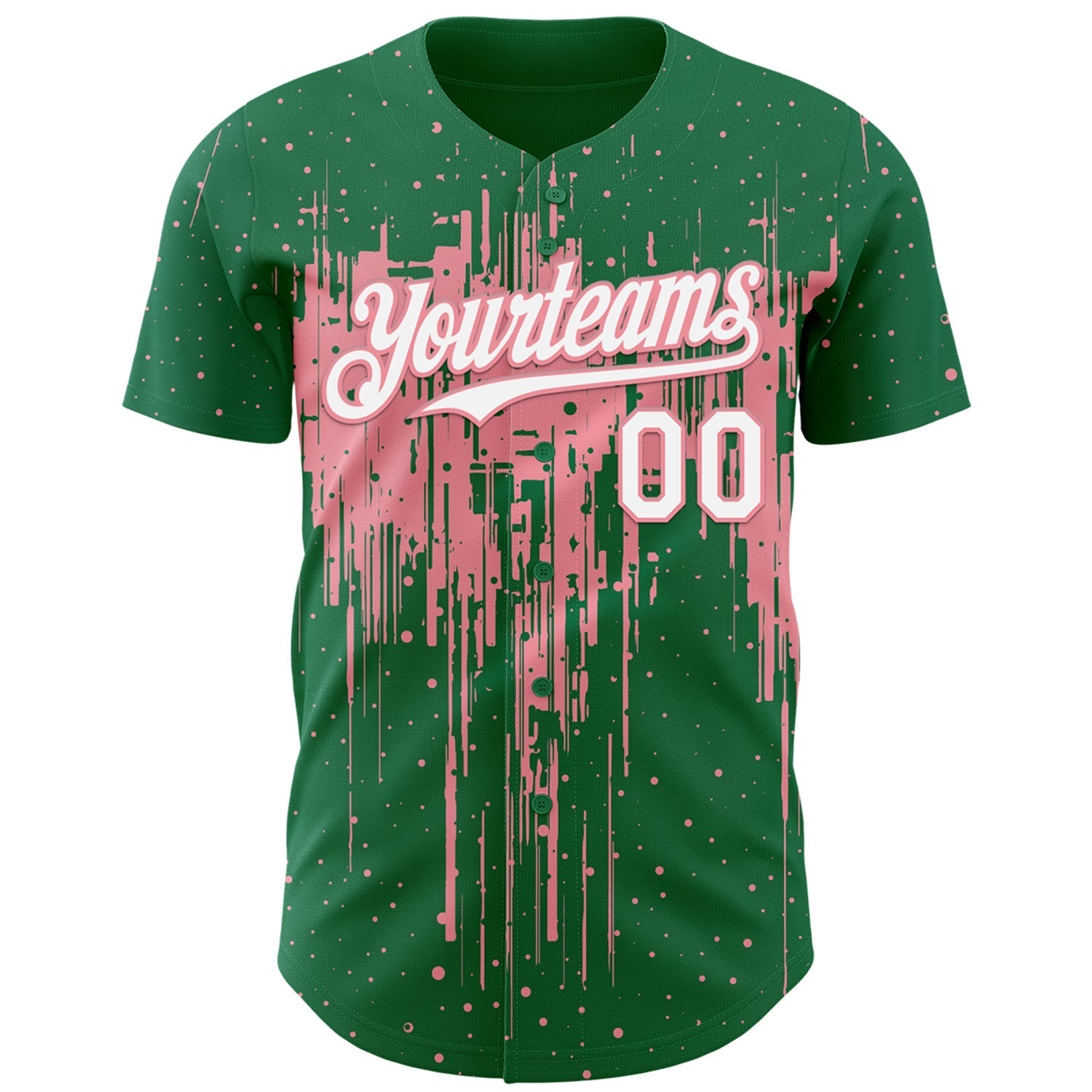 Custom Kelly Green White-Medium Pink Dripping Splatter Paint Authentic Baseball Jersey baseball jersey product view 2