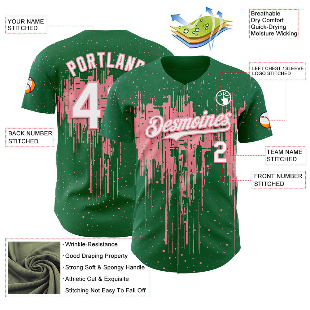 Custom Kelly Green White-Medium Pink Dripping Splatter Paint Authentic Baseball Jersey baseball jersey product view 3