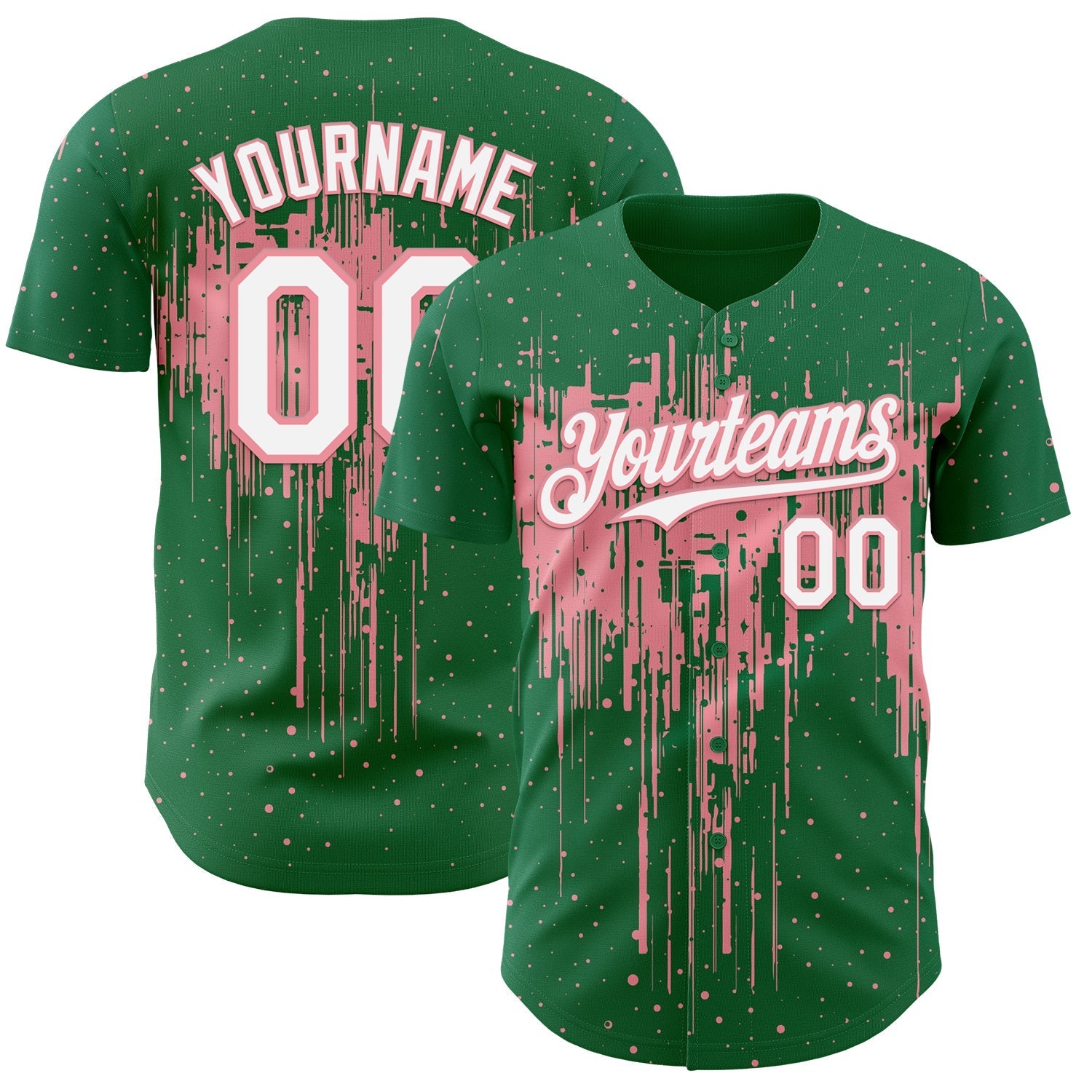 Custom Kelly Green White-Medium Pink Dripping Splatter Paint Authentic Baseball Jersey baseball jersey product view 1