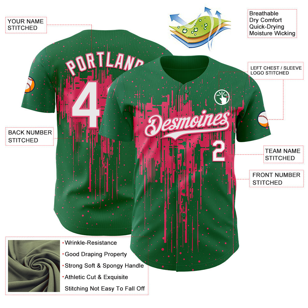 Custom Kelly Green White-Neon Pink Dripping Splatter Paint Authentic Baseball Jersey baseball jersey product view 3