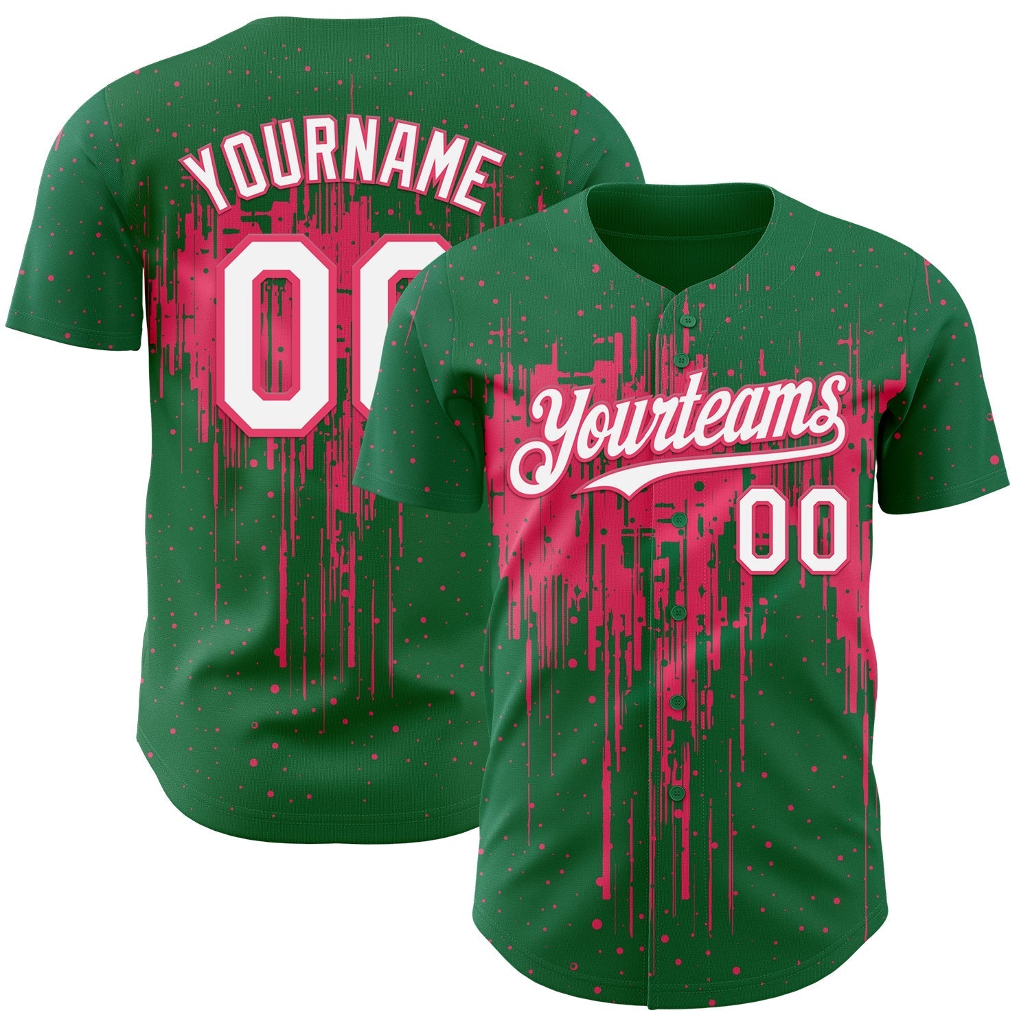 Custom Kelly Green White-Neon Pink Dripping Splatter Paint Authentic Baseball Jersey baseball jersey product view 1