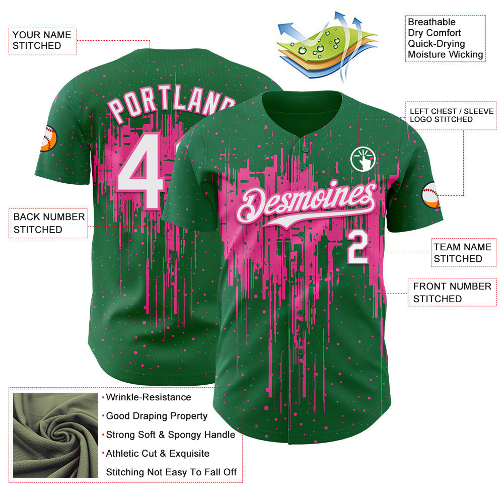 Custom Kelly Green White-Pink Dripping Splatter Paint Authentic Baseball Jersey baseball jersey product view 3