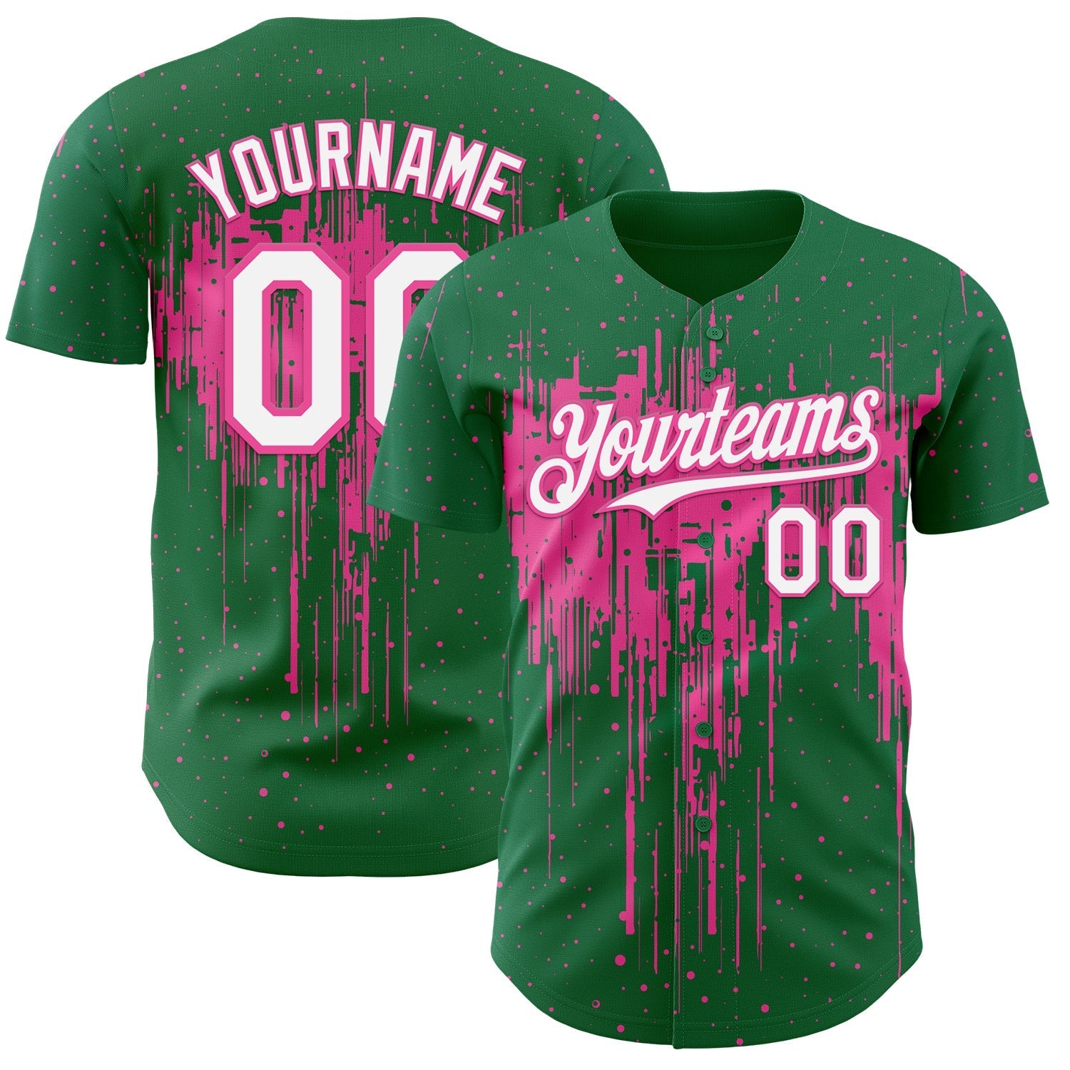 Custom Kelly Green White-Pink Dripping Splatter Paint Authentic Baseball Jersey baseball jersey product view 1