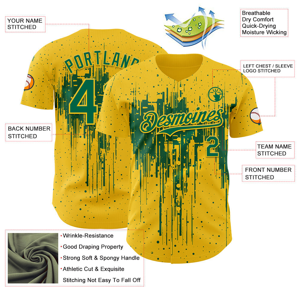 Custom Yellow Kelly Green Dripping Splatter Paint Authentic Baseball Jersey baseball jersey product view 3