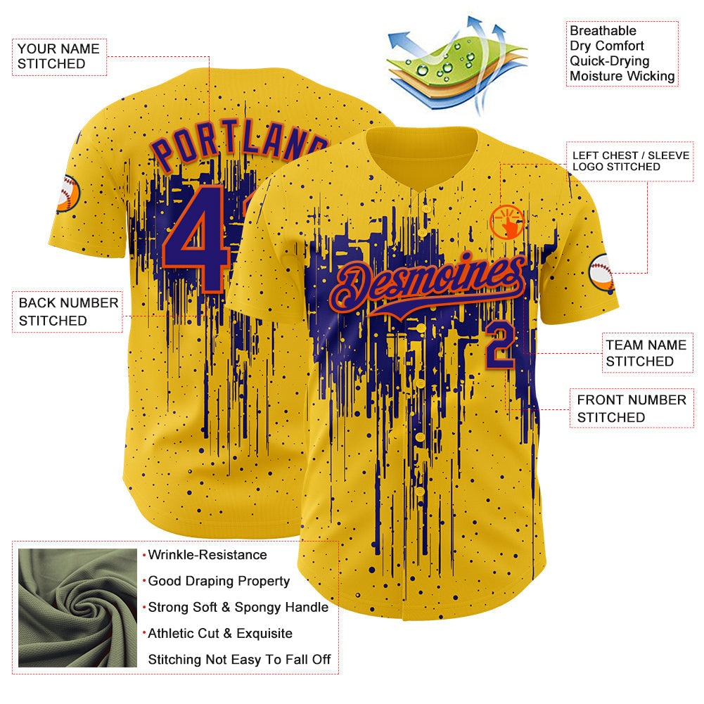 Custom Yellow Dark Purple-Orange Dripping Splatter Paint Authentic Baseball Jersey baseball jersey product view 3