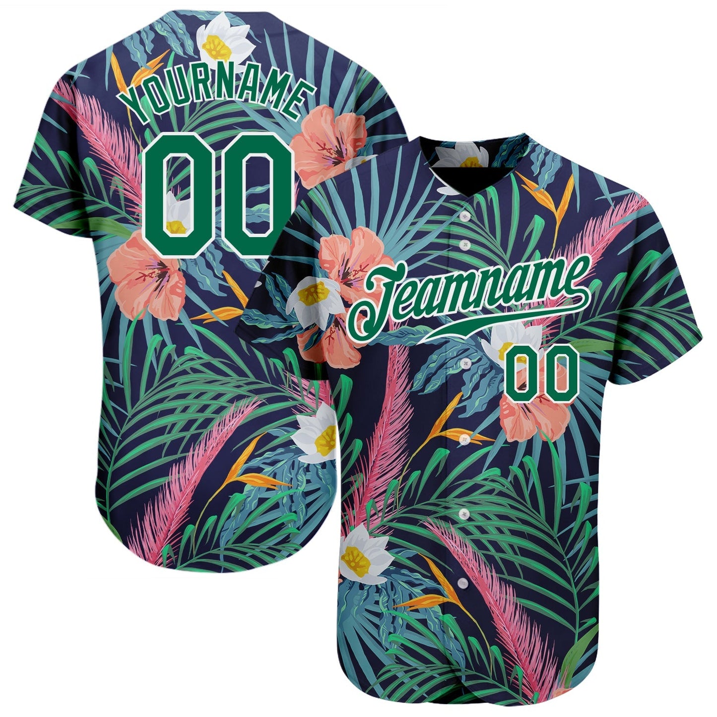 Custom Black Kelly Green-White 3D Pattern Design Hawaii Palm Leaves And Flowers Authentic Baseball Jersey baseball jersey product view 1