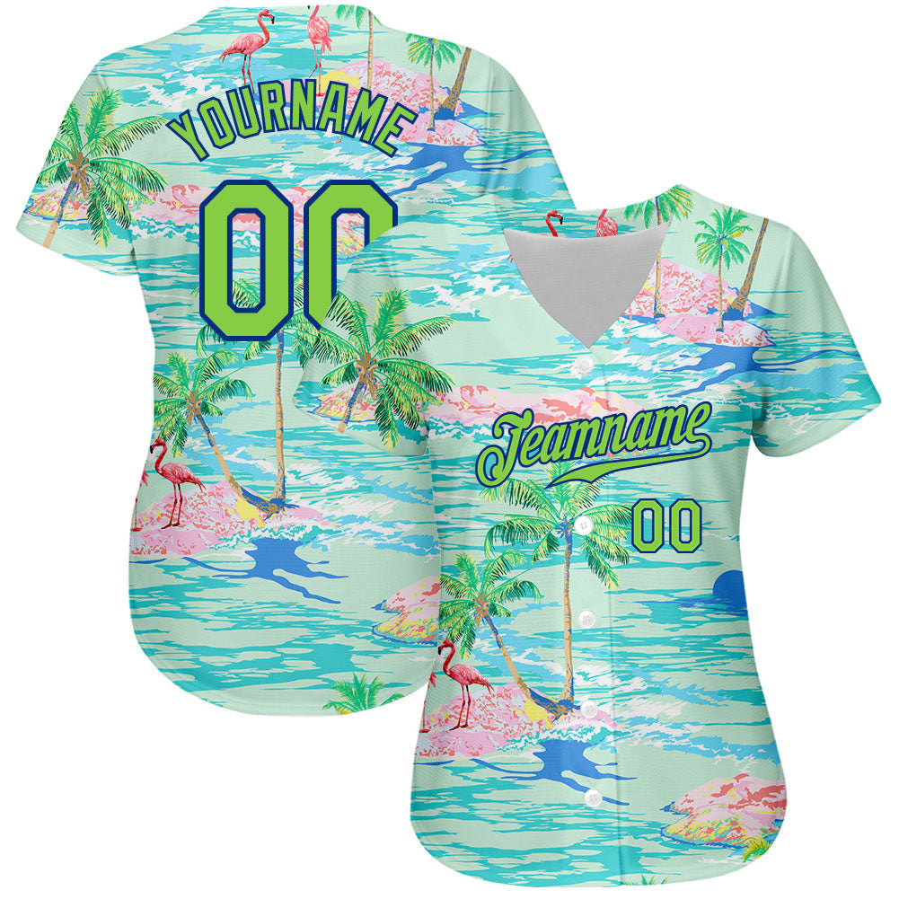Custom Lakes Blue Neon Green-Royal 3D Pattern Design Beach Hawaii Palm Trees And Flamingo Authentic Baseball Jersey baseball jersey product view 3