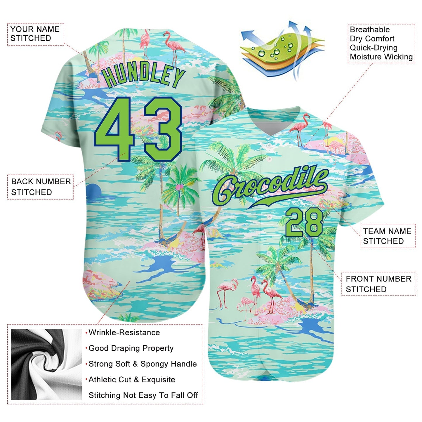 Custom Lakes Blue Neon Green-Royal 3D Pattern Design Beach Hawaii Palm Trees And Flamingo Authentic Baseball Jersey baseball jersey product view 4