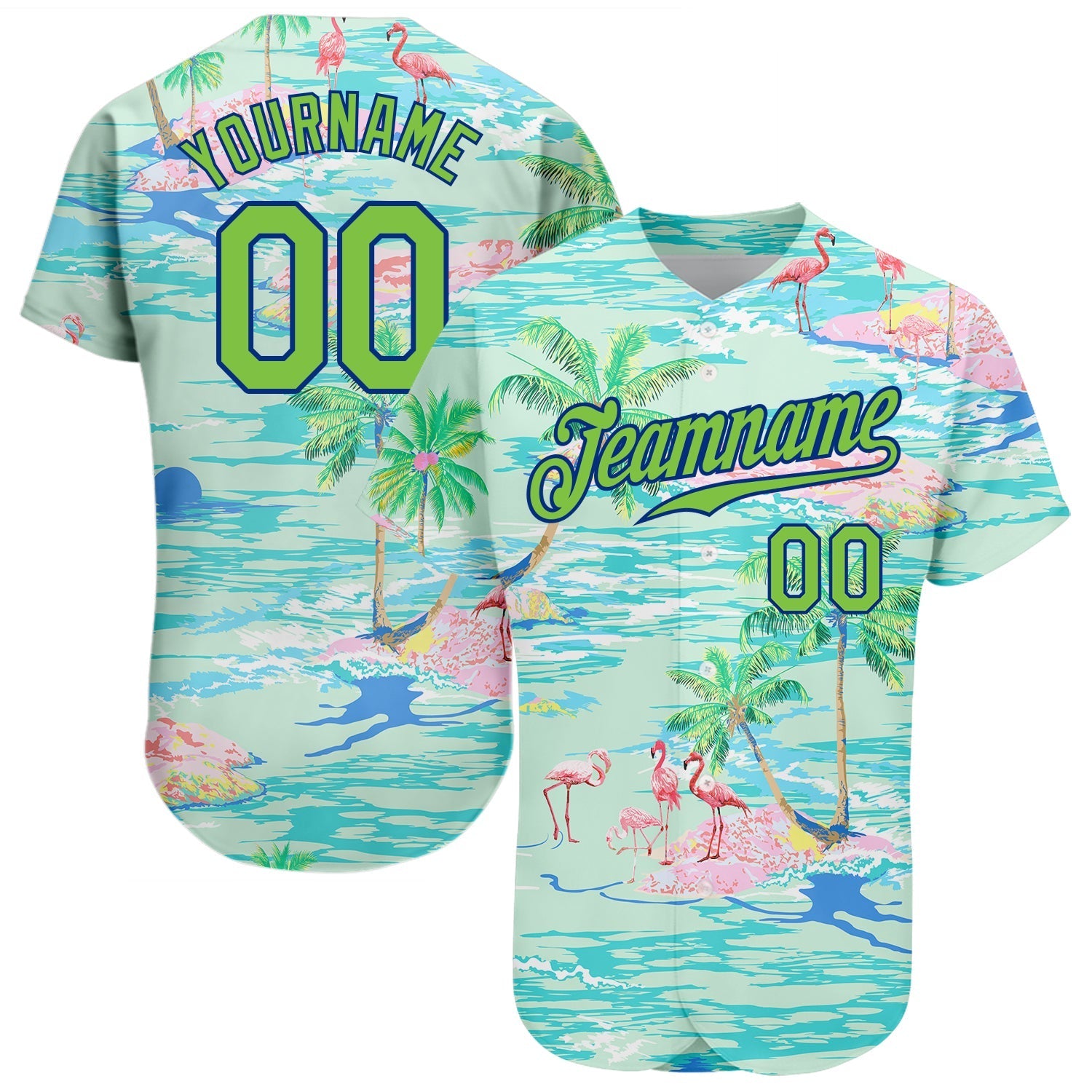 Custom Lakes Blue Neon Green-Royal 3D Pattern Design Beach Hawaii Palm Trees And Flamingo Authentic Baseball Jersey baseball jersey product view 1