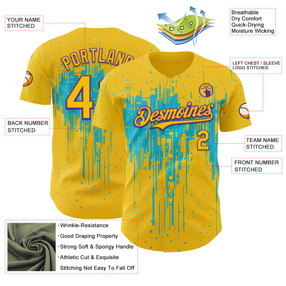 Custom Yellow Purple-Lakes Blue Dripping Splatter Paint Authentic Baseball Jersey baseball jersey product view 3
