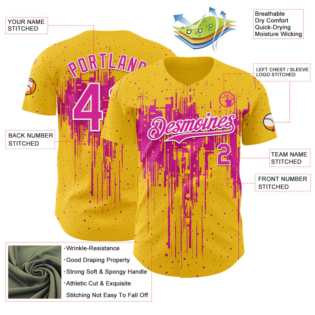 Custom Yellow Deep Pink-White Dripping Splatter Paint Authentic Baseball Jersey baseball jersey product view 3
