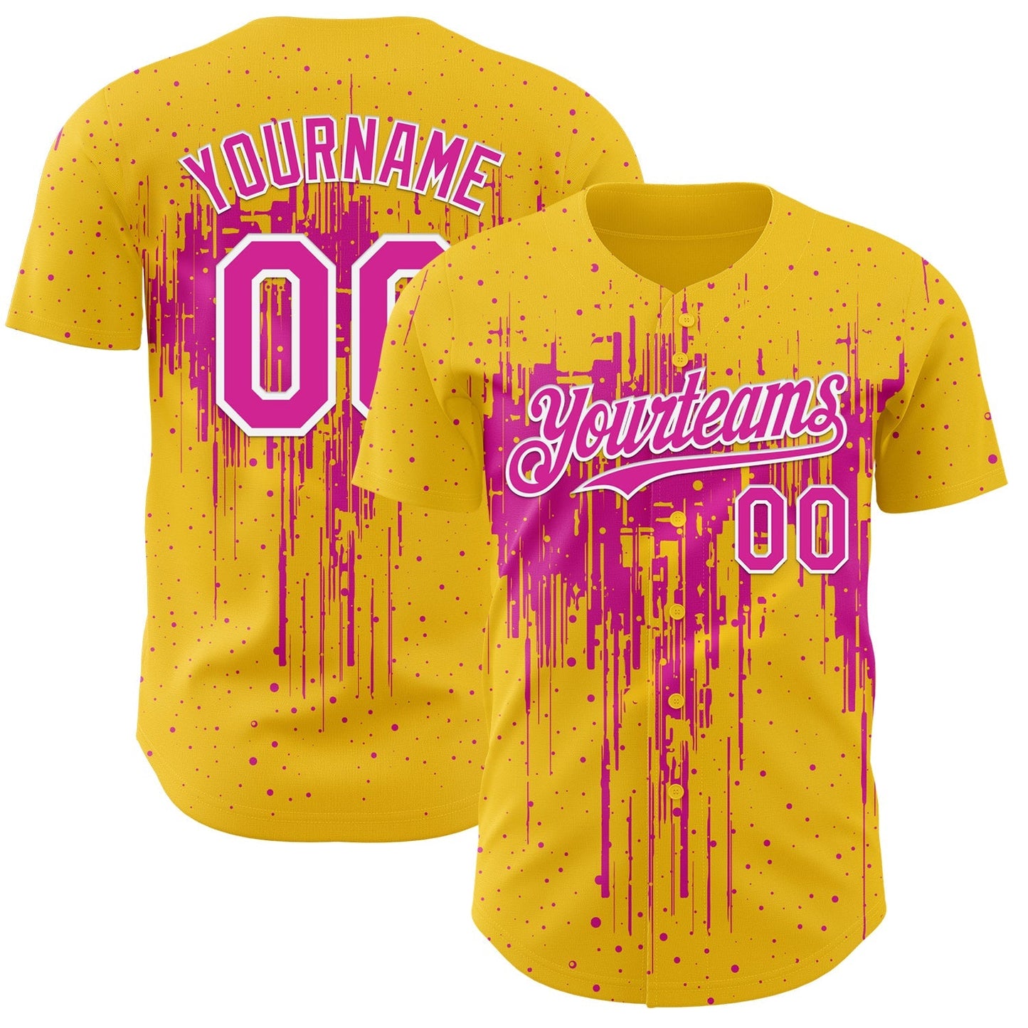 Custom Yellow Deep Pink-White Dripping Splatter Paint Authentic Baseball Jersey baseball jersey product view 1
