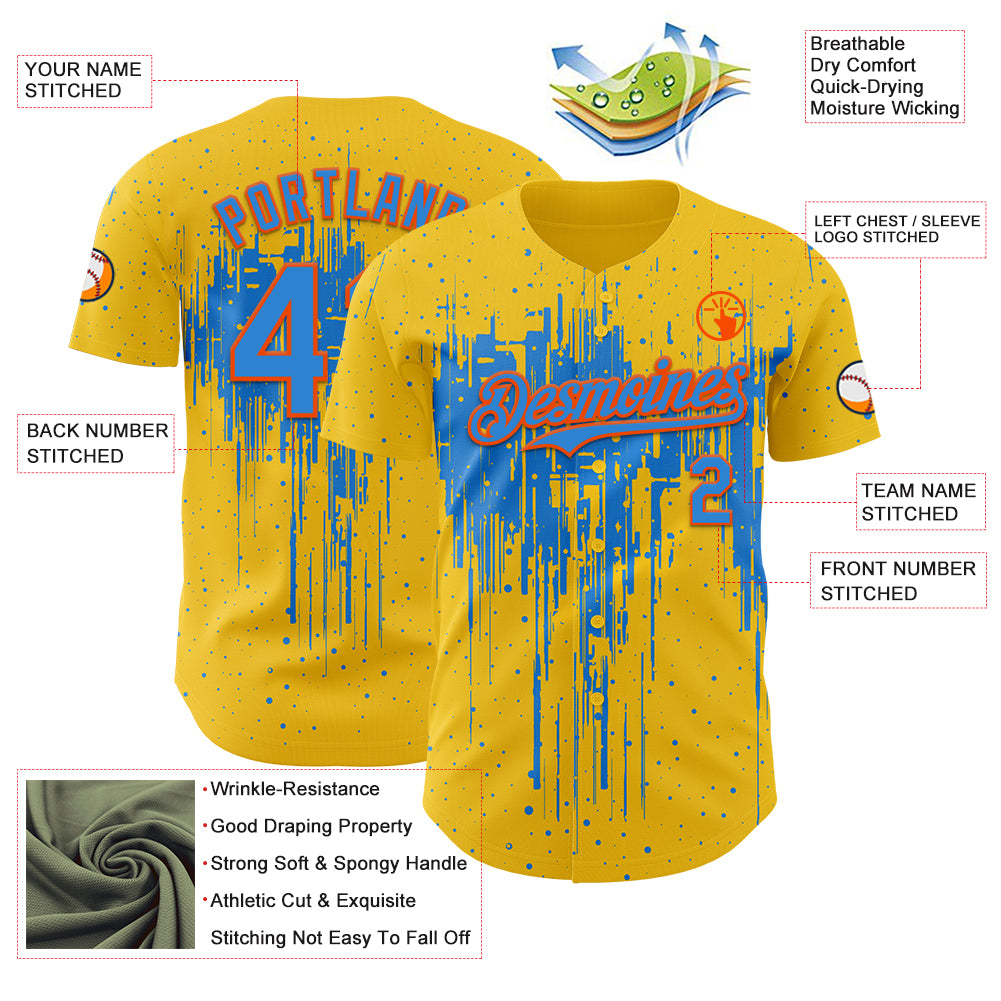 Custom Yellow Powder Blue-Orange Dripping Splatter Paint Authentic Baseball Jersey baseball jersey product view 3
