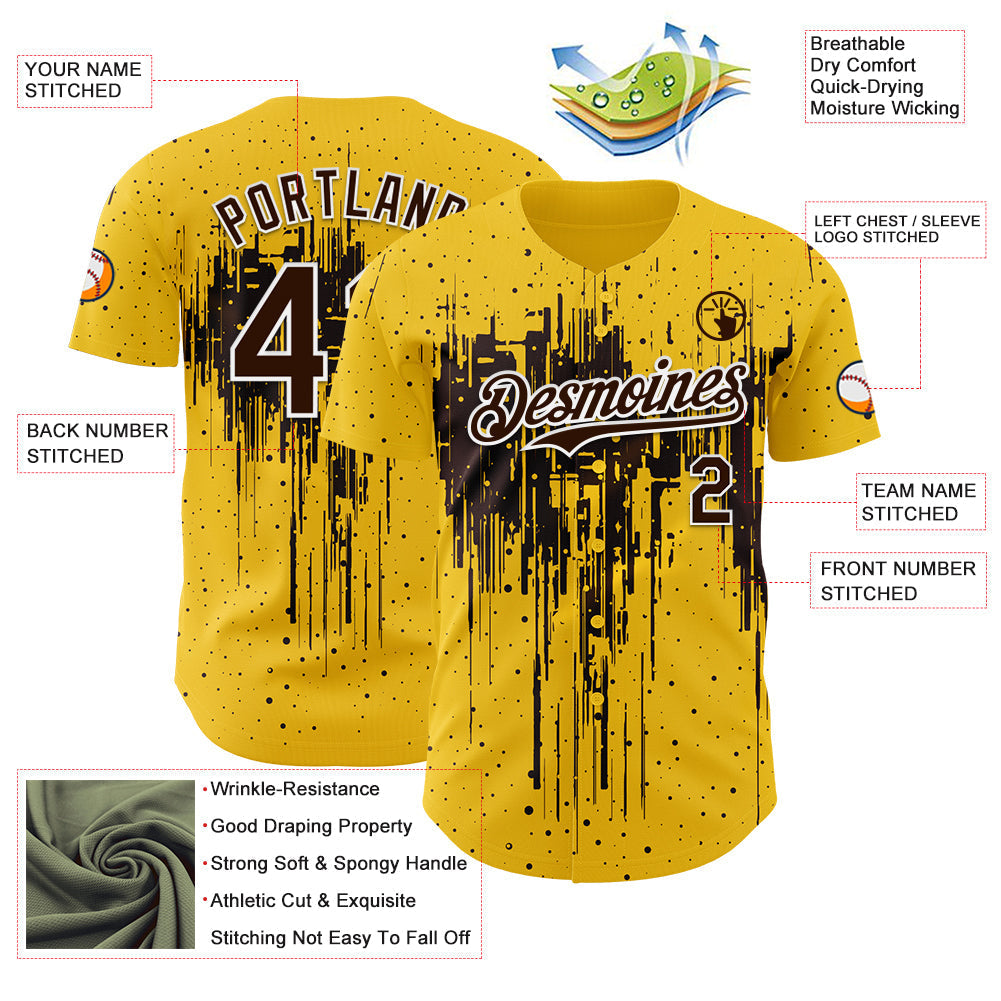 Custom Yellow Brown-White Dripping Splatter Paint Authentic Baseball Jersey baseball jersey product view 3