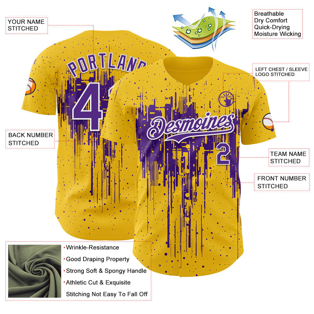 Custom Yellow Purple-White Dripping Splatter Paint Authentic Baseball Jersey baseball jersey product view 3