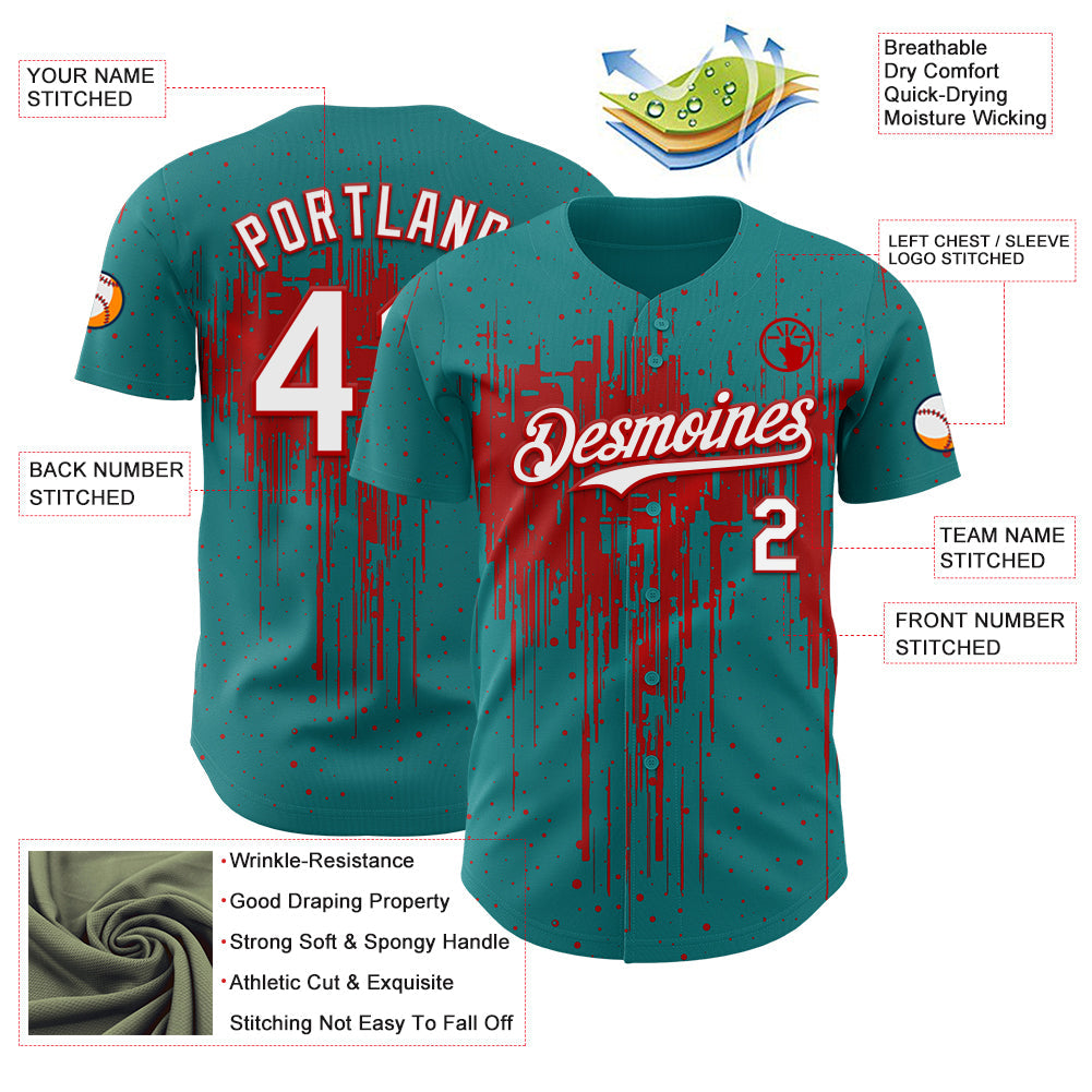 Custom Teal White-Red Dripping Splatter Paint Authentic Baseball Jersey baseball jersey product view 3
