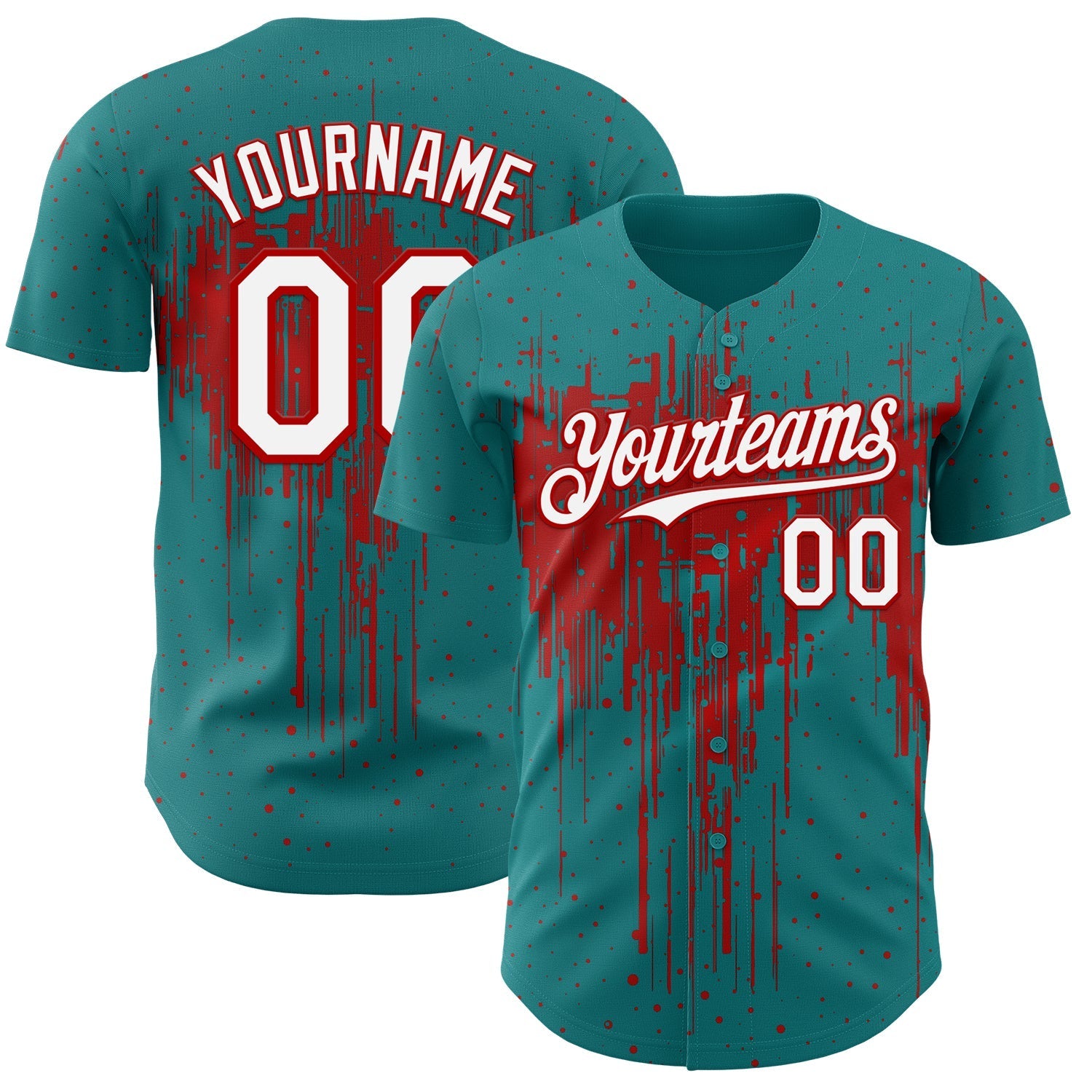 Custom Teal White-Red Dripping Splatter Paint Authentic Baseball Jersey baseball jersey product view 1