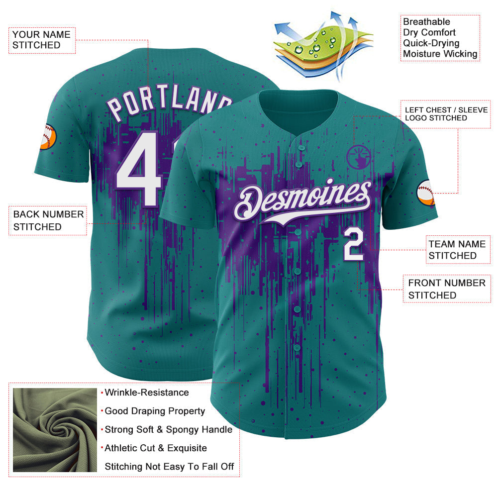 Custom Teal White-Purple Dripping Splatter Paint Authentic Baseball Jersey baseball jersey product view 3