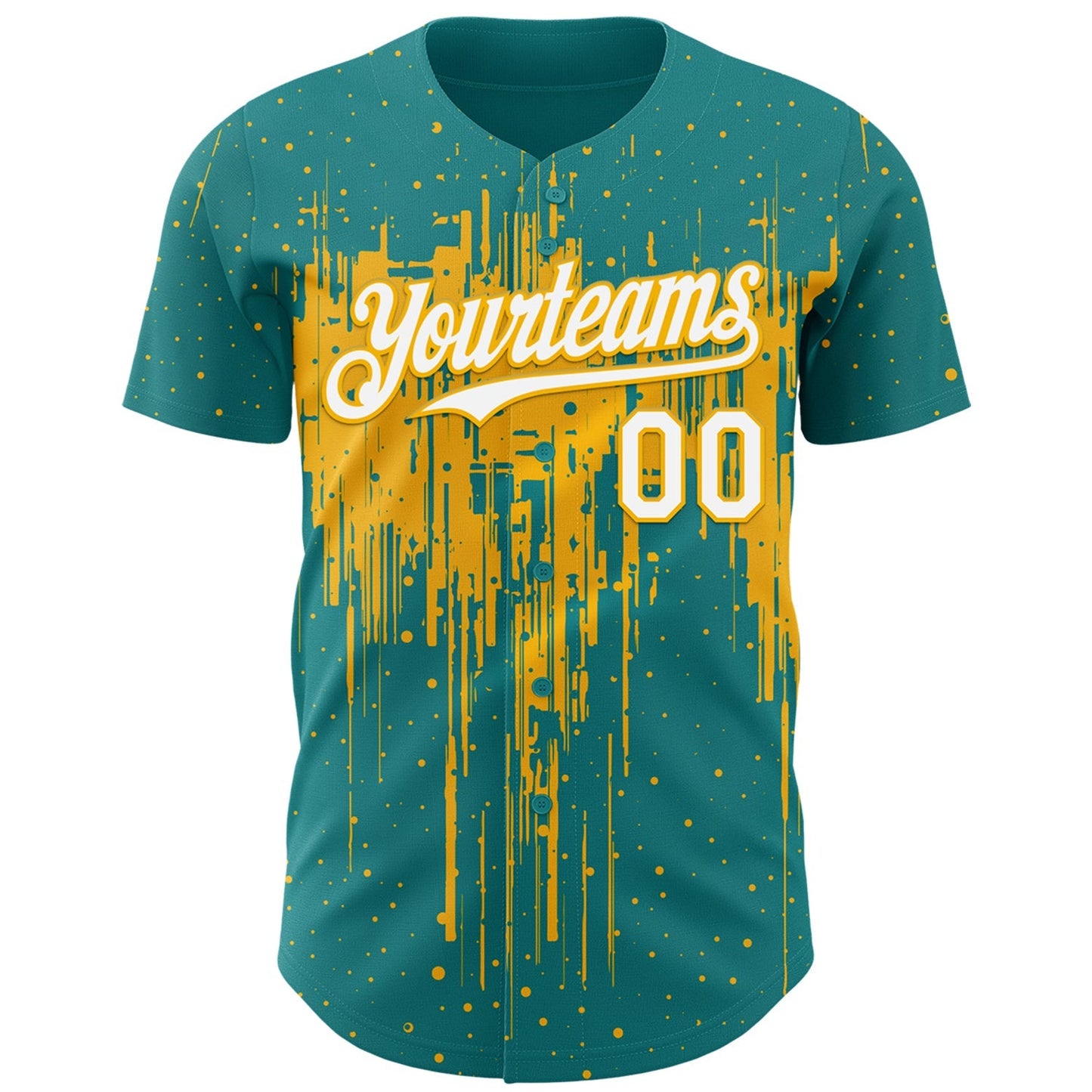 Custom Teal White-Gold Dripping Splatter Paint Authentic Baseball Jersey baseball jersey product view 2