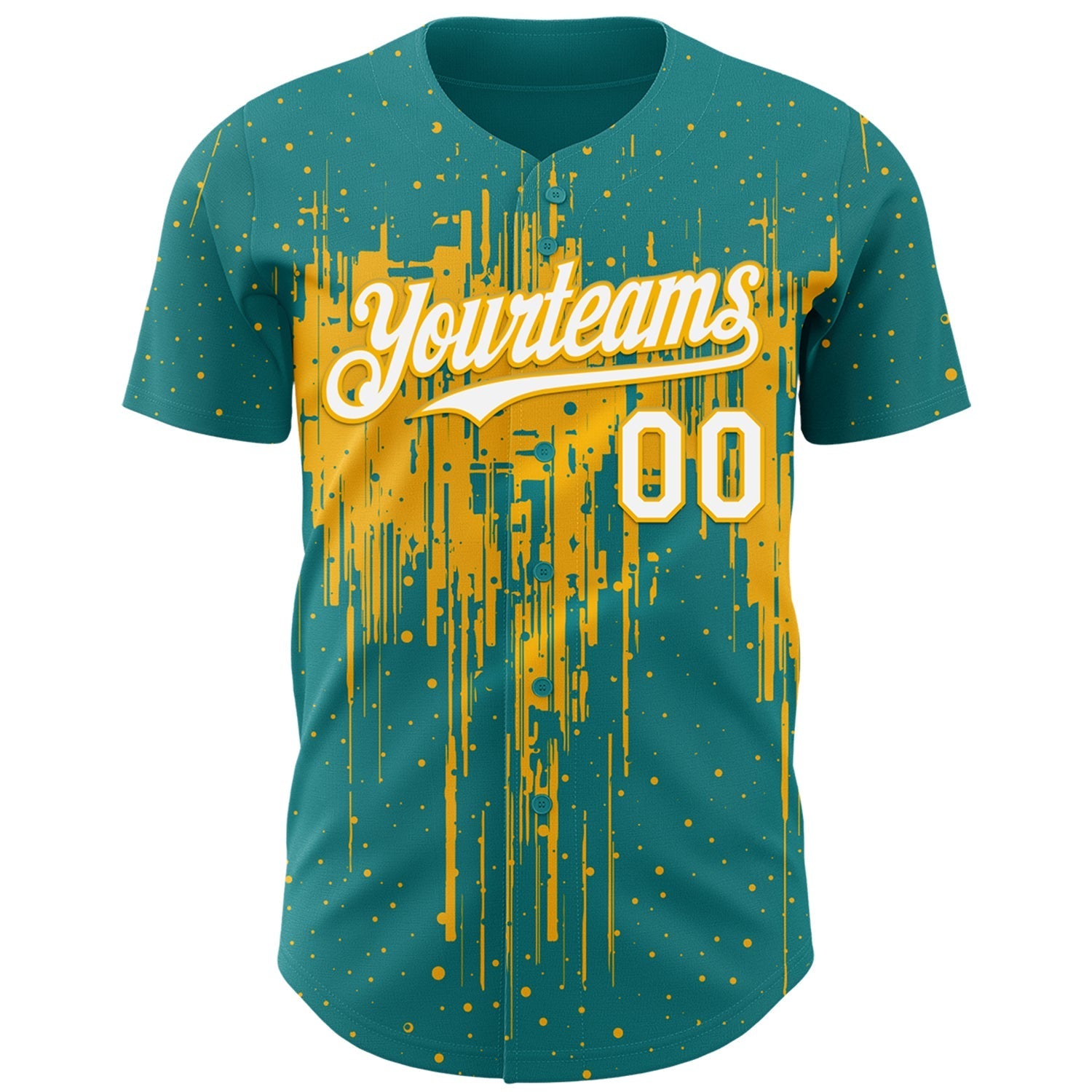 Custom Teal White-Gold Dripping Splatter Paint Authentic Baseball Jersey baseball jersey product view 2