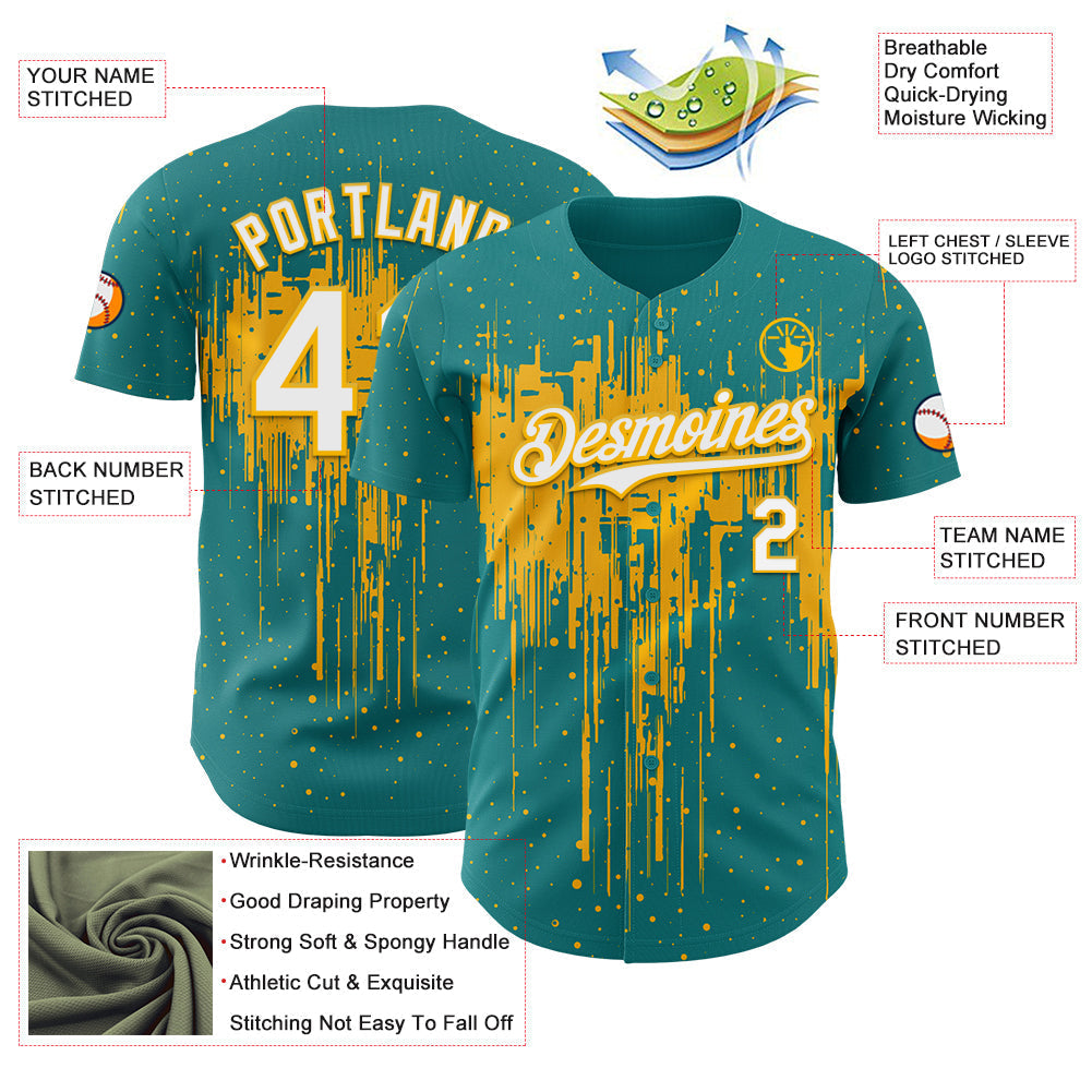 Custom Teal White-Gold Dripping Splatter Paint Authentic Baseball Jersey baseball jersey product view 3