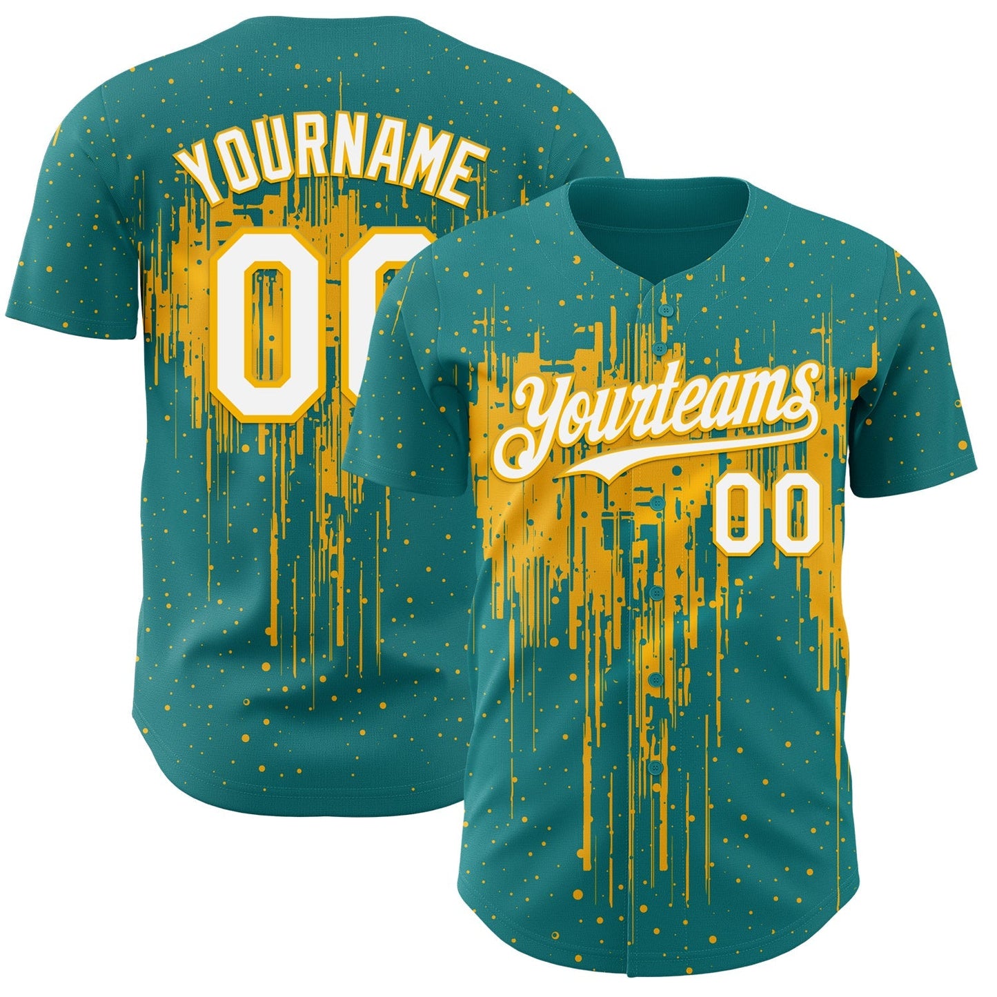 Custom Teal White-Gold Dripping Splatter Paint Authentic Baseball Jersey baseball jersey product view 1