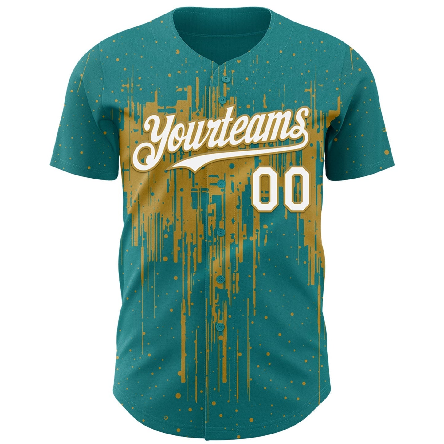 Custom Teal White-Old Gold Dripping Splatter Paint Authentic Baseball Jersey baseball jersey product view 2