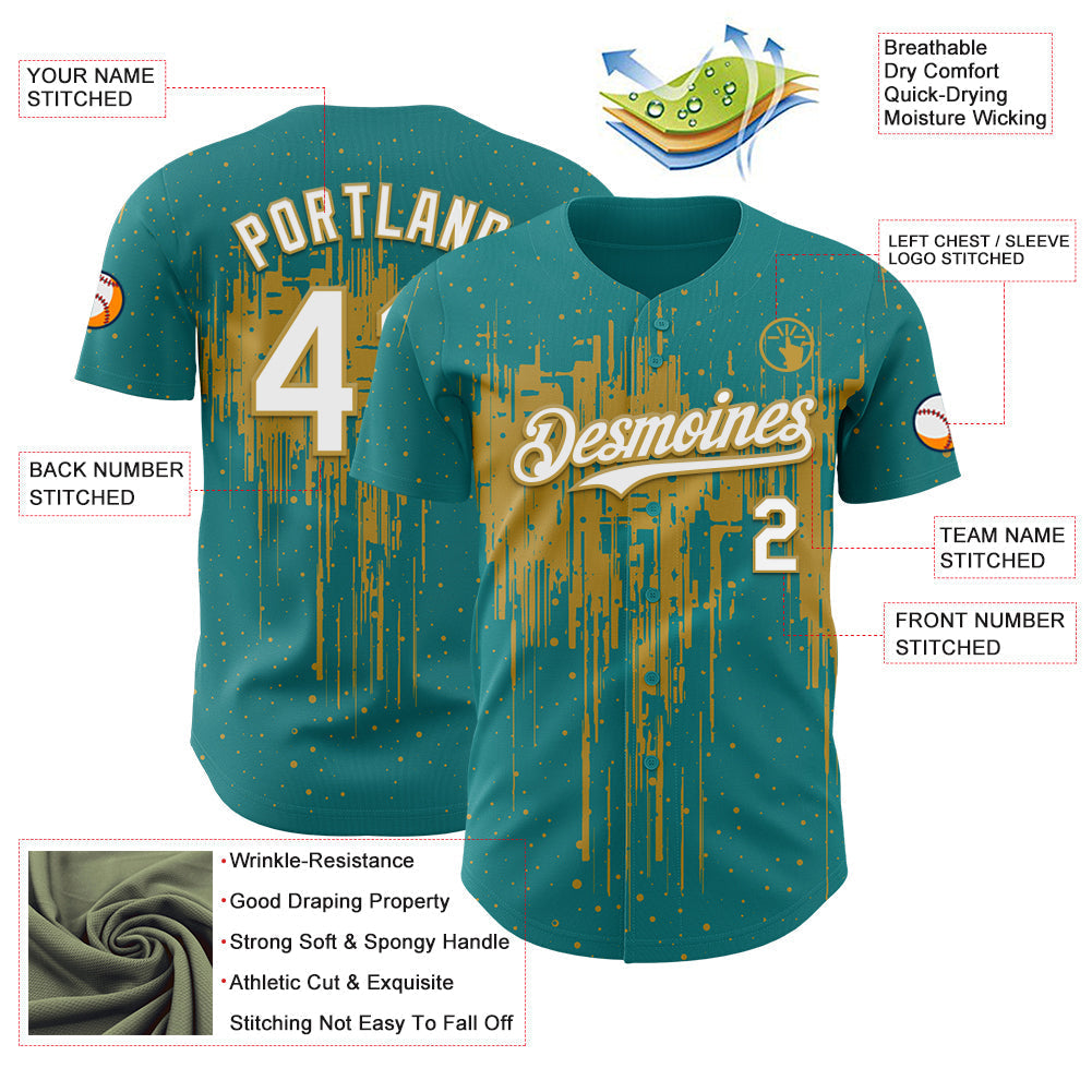 Custom Teal White-Old Gold Dripping Splatter Paint Authentic Baseball Jersey baseball jersey product view 3
