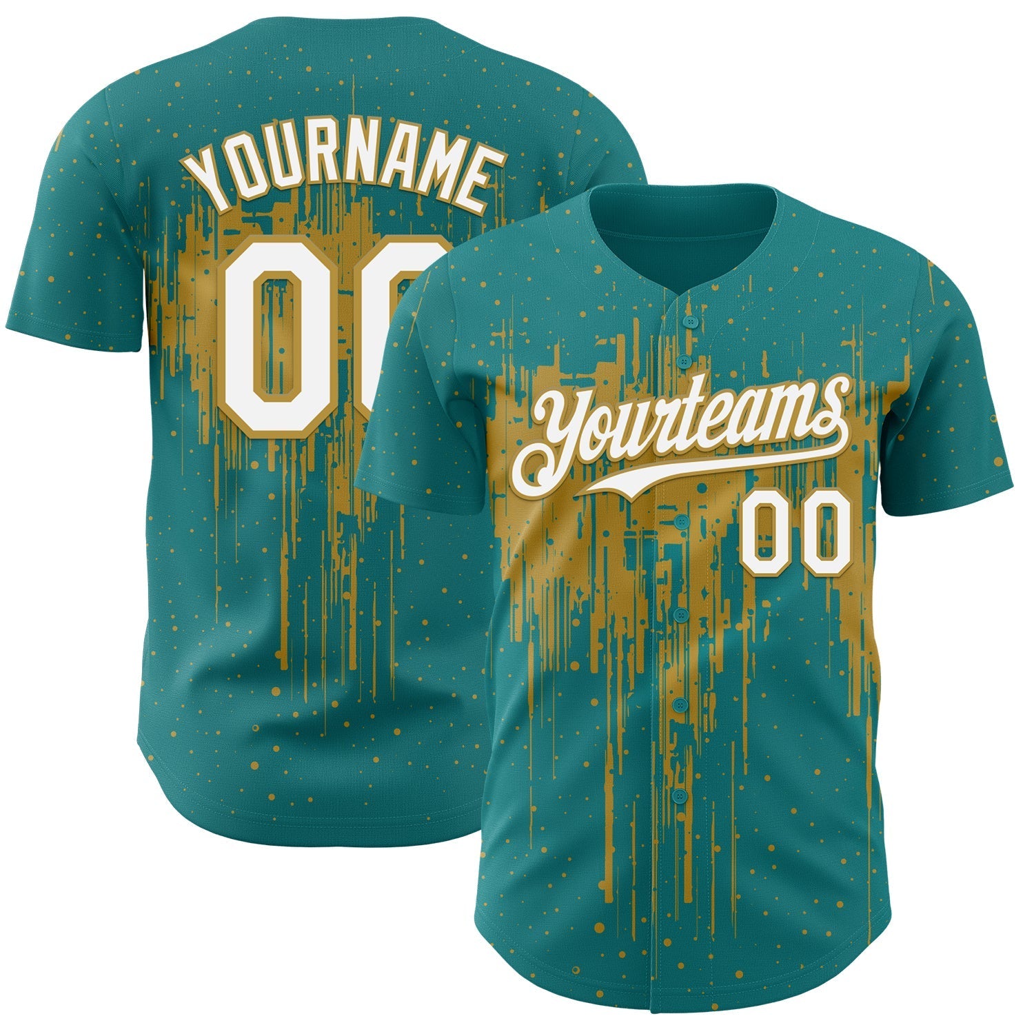 Custom Teal White-Old Gold Dripping Splatter Paint Authentic Baseball Jersey baseball jersey product view 1