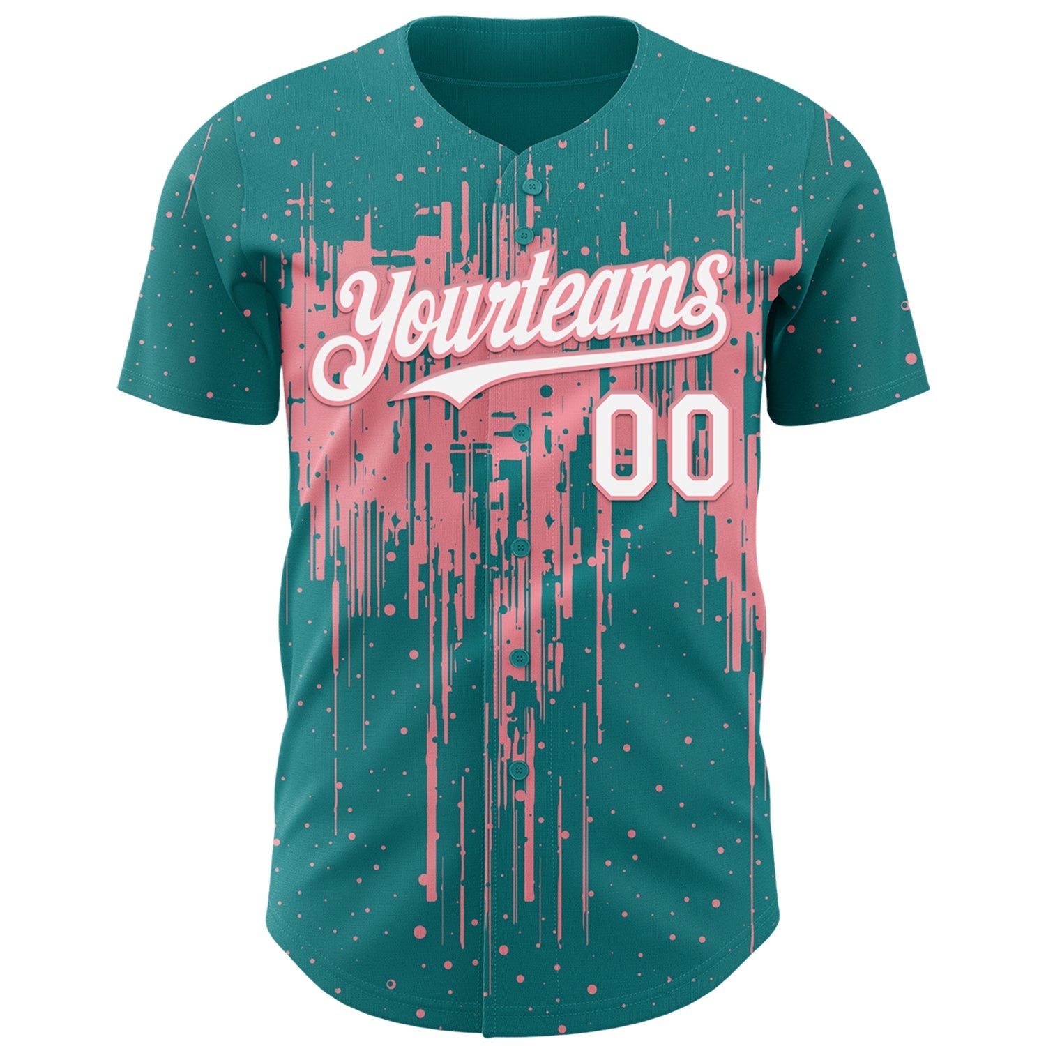 Custom Teal White-Medium Pink Dripping Splatter Paint Authentic Baseball Jersey baseball jersey product view 2