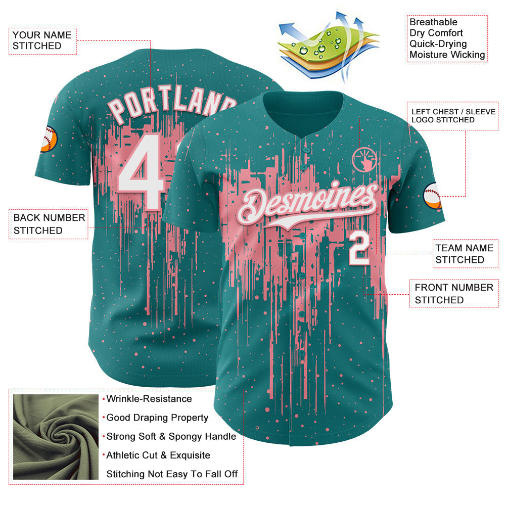 Custom Teal White-Medium Pink Dripping Splatter Paint Authentic Baseball Jersey baseball jersey product view 3