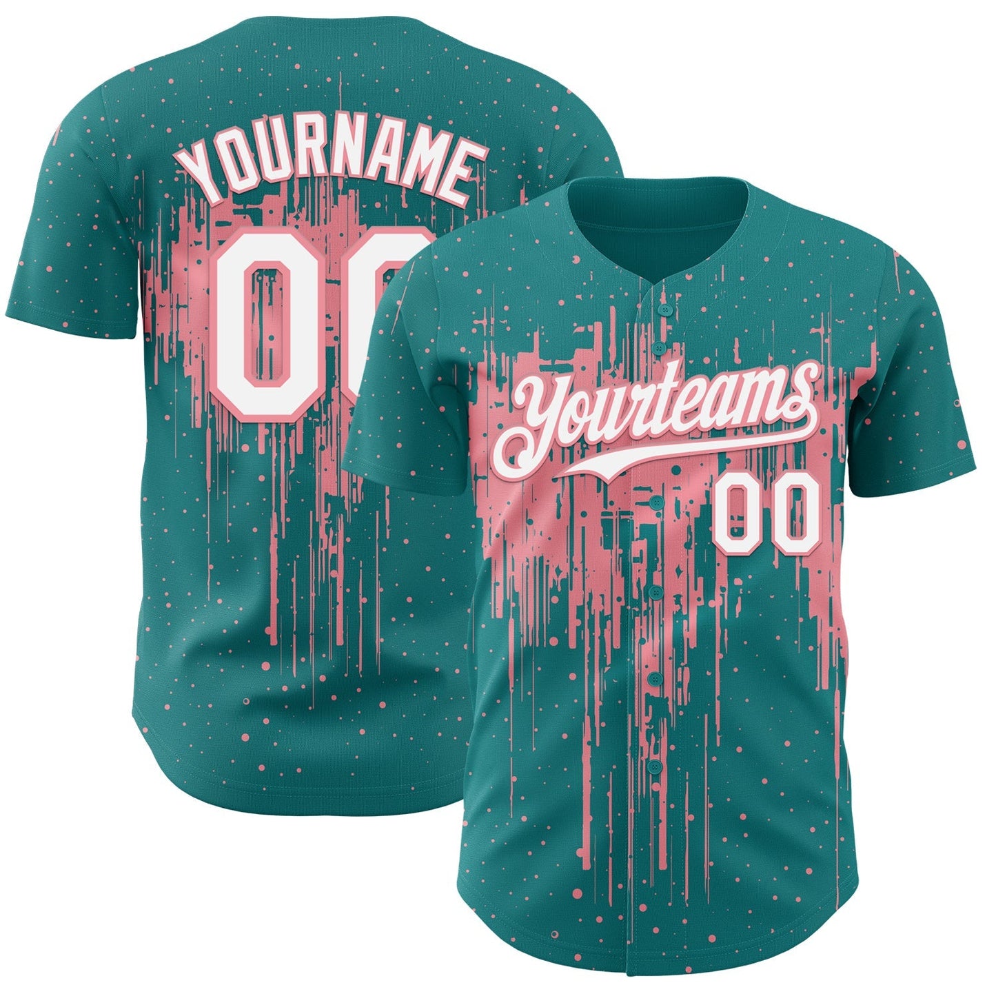 Custom Teal White-Medium Pink Dripping Splatter Paint Authentic Baseball Jersey baseball jersey product view 1