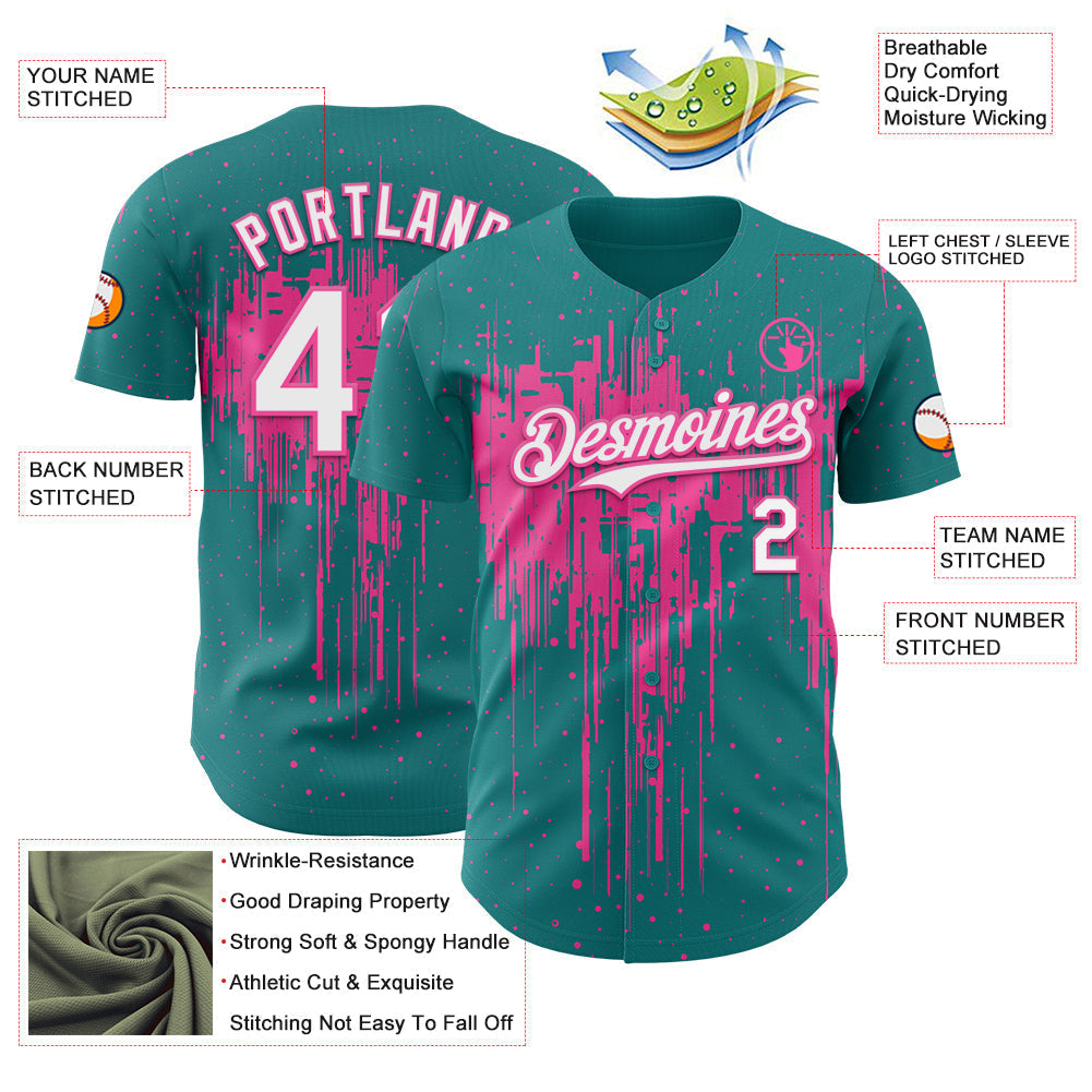 Custom Teal White-Pink Dripping Splatter Paint Authentic Baseball Jersey baseball jersey product view 3