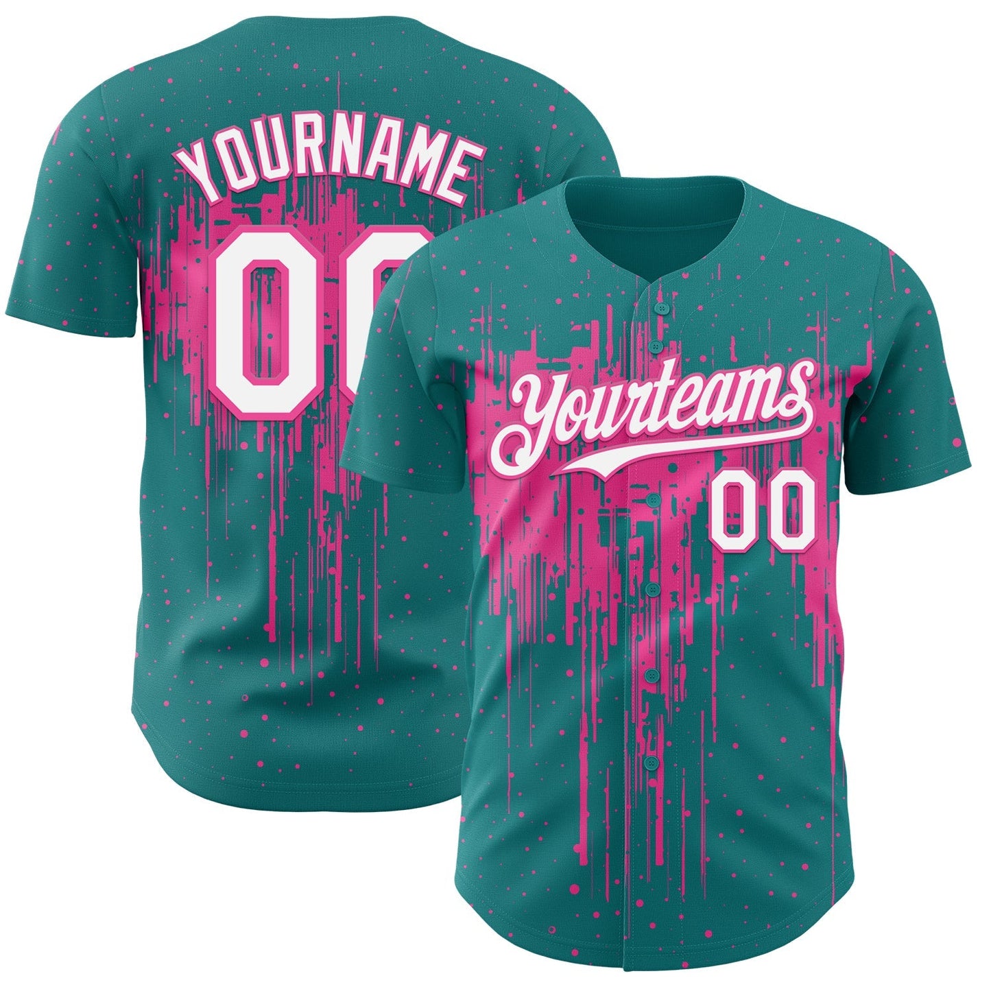 Custom Teal White-Pink Dripping Splatter Paint Authentic Baseball Jersey baseball jersey product view 1