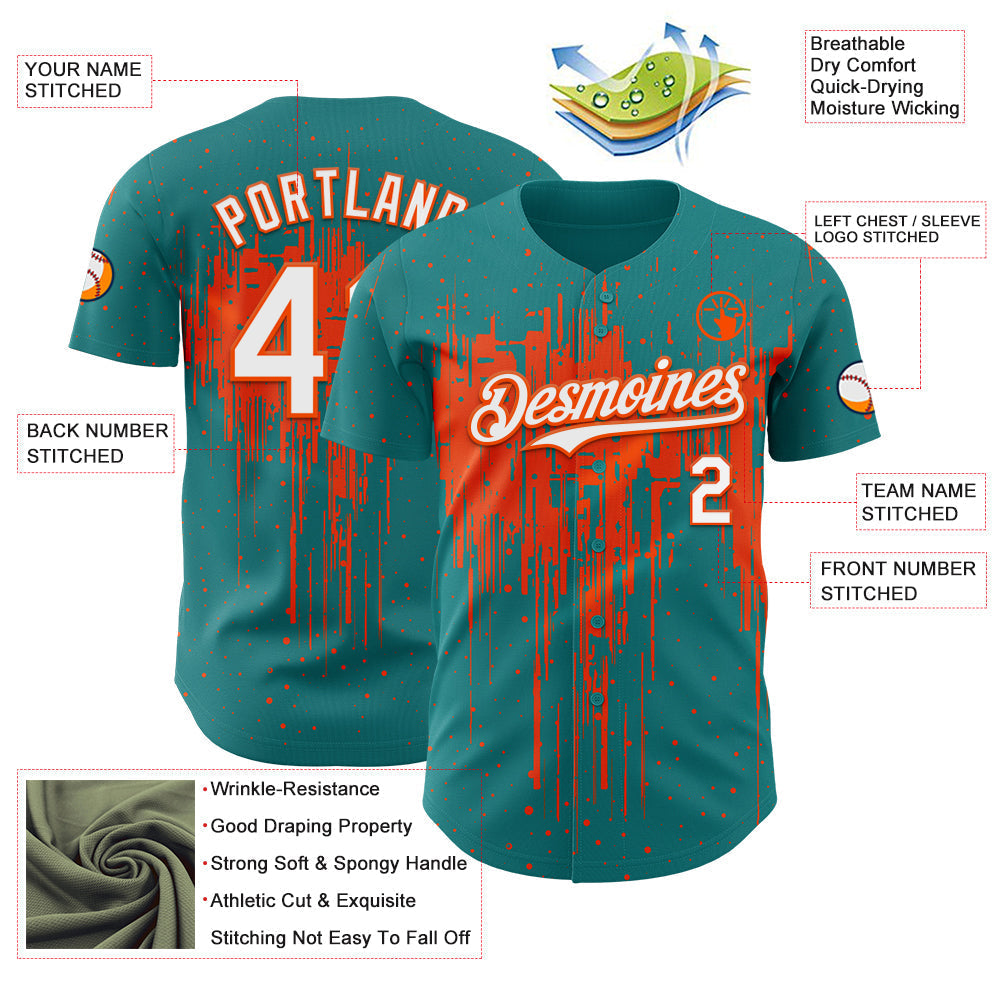 Custom Teal White-Orange Dripping Splatter Paint Authentic Baseball Jersey baseball jersey product view 3