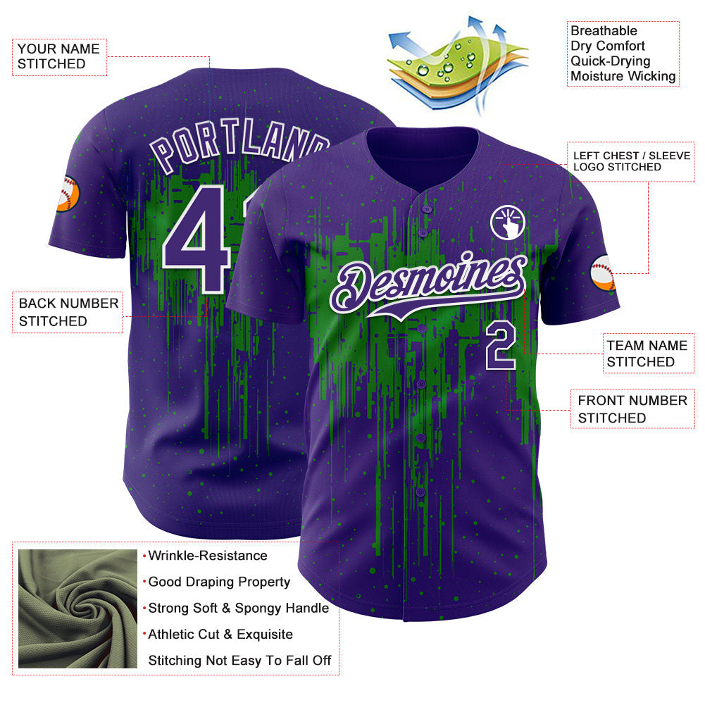 Custom Purple White-Grass Green Dripping Splatter Paint Authentic Baseball Jersey baseball jersey product view 3