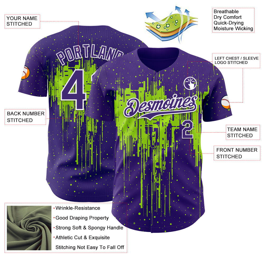 Custom Purple White-Neon Green Dripping Splatter Paint Authentic Baseball Jersey baseball jersey product view 3