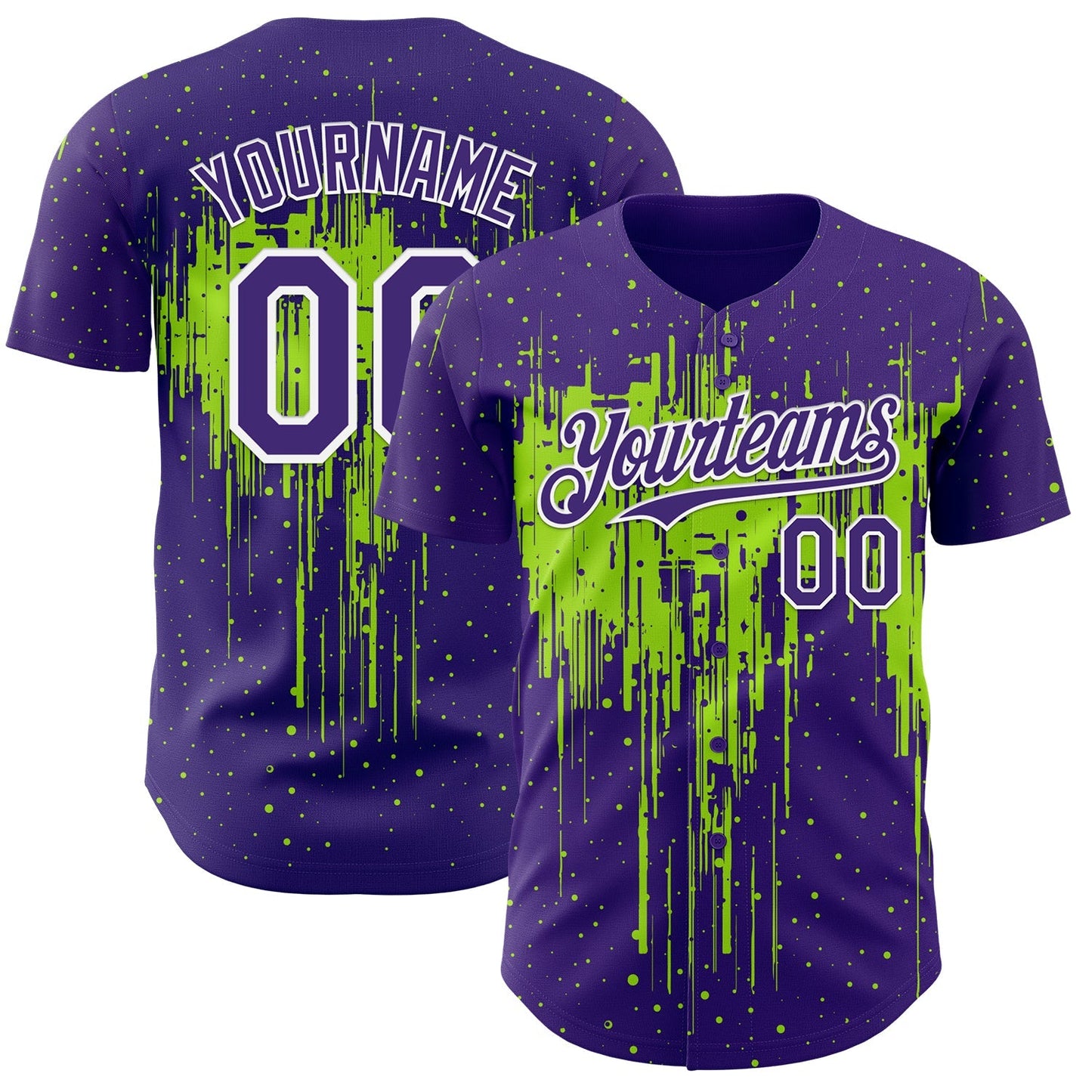 Custom Purple White-Neon Green Dripping Splatter Paint Authentic Baseball Jersey baseball jersey product view 1