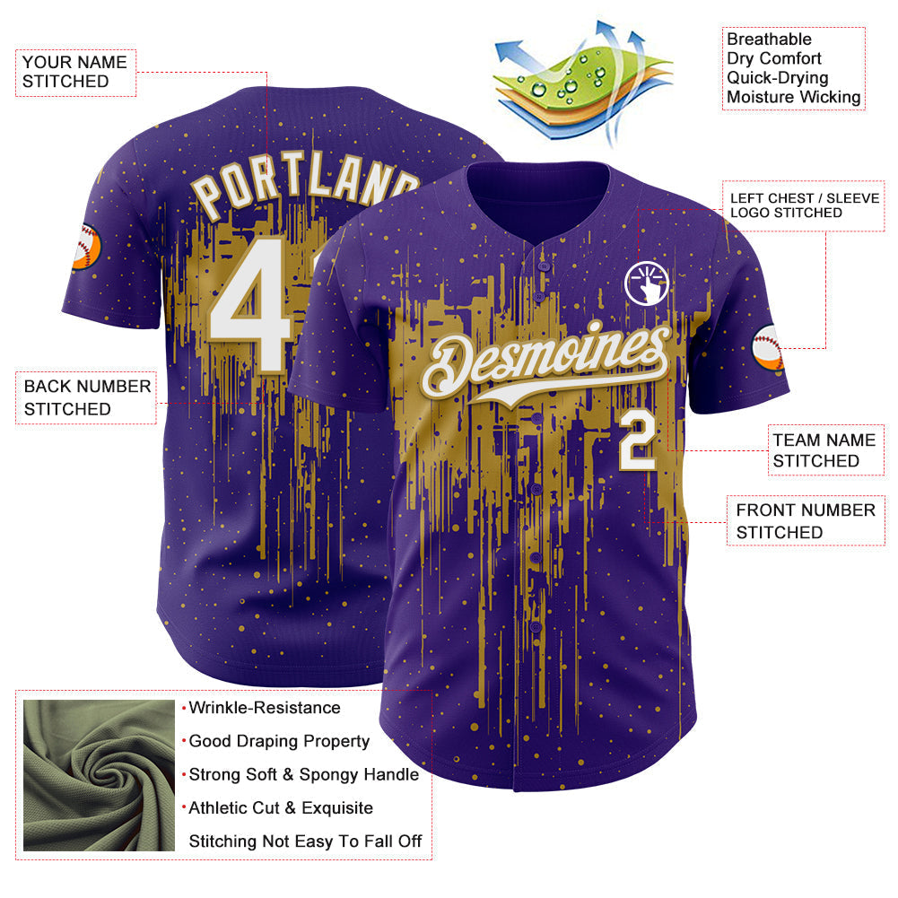 Custom Purple White-Old Gold Dripping Splatter Paint Authentic Baseball Jersey baseball jersey product view 3