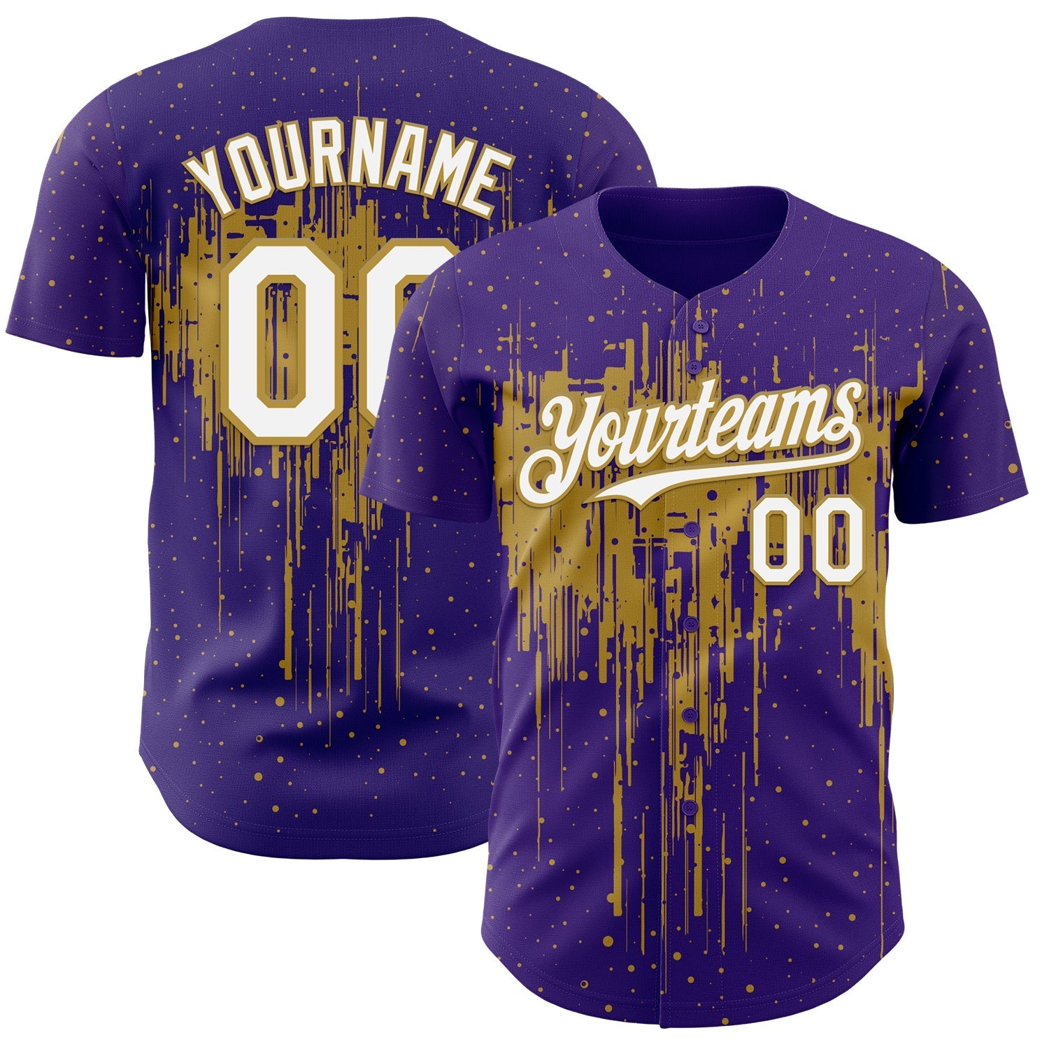 Custom Purple White-Old Gold Dripping Splatter Paint Authentic Baseball Jersey baseball jersey product view 1