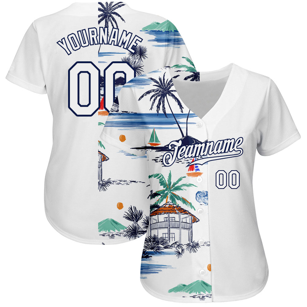 Custom White Navy 3D Pattern Design Hawaii Palm Trees Island And Sailboat Authentic Baseball Jersey baseball jersey product view 2