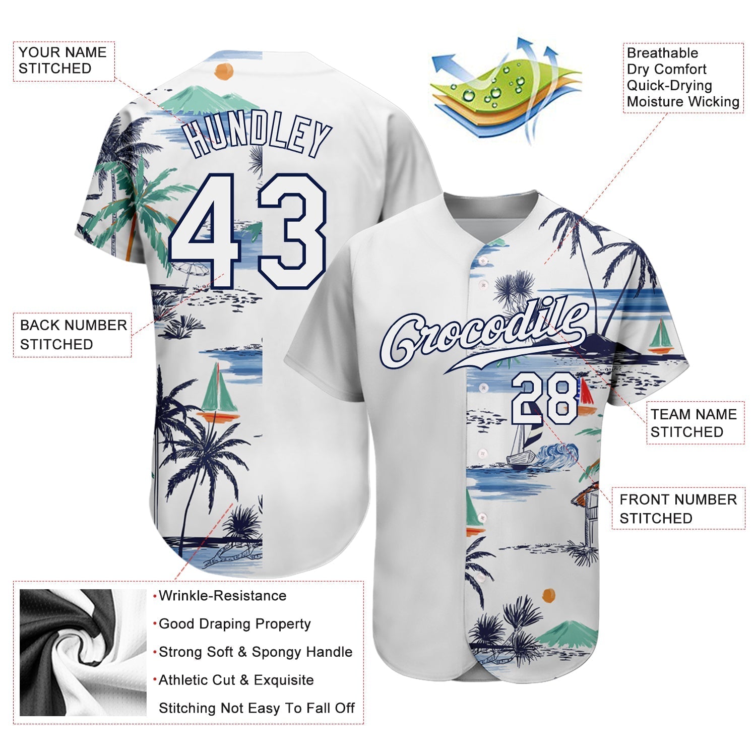 Custom White Navy 3D Pattern Design Hawaii Palm Trees Island And Sailboat Authentic Baseball Jersey baseball jersey product view 3