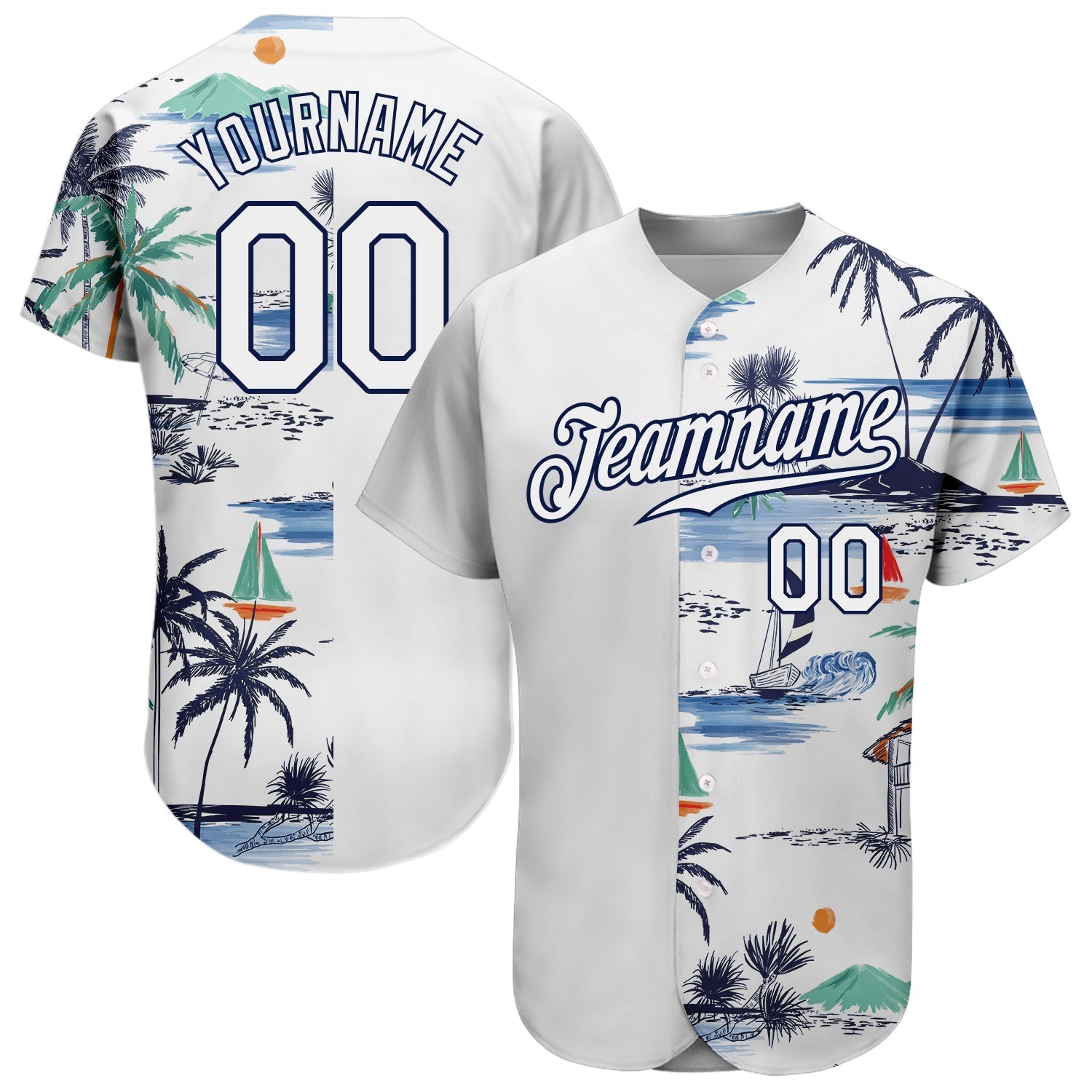 Custom White Navy 3D Pattern Design Hawaii Palm Trees Island And Sailboat Authentic Baseball Jersey baseball jersey product view 1