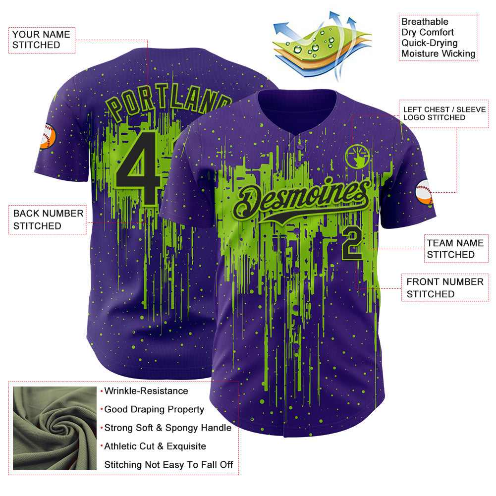 Custom Purple Black-Neon Green Dripping Splatter Paint Authentic Baseball Jersey baseball jersey product view 3