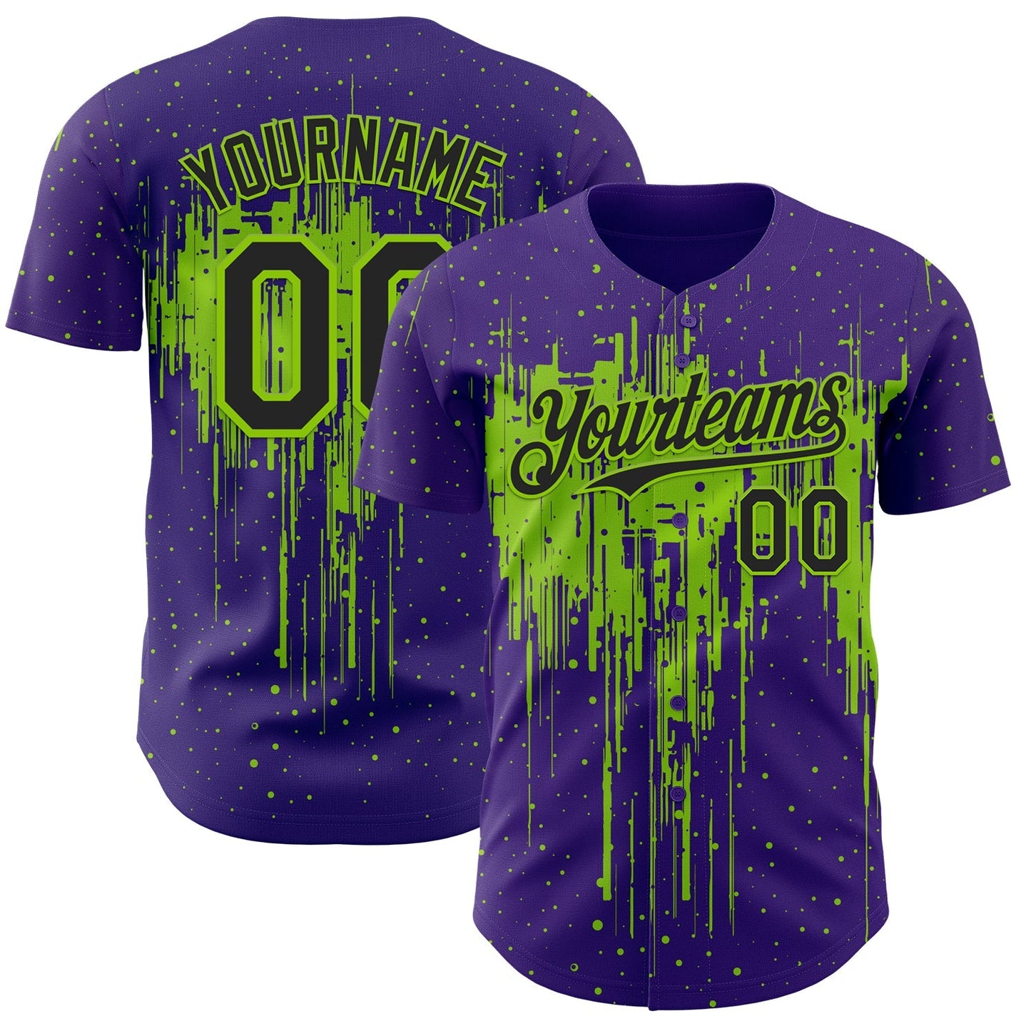 Custom Purple Black-Neon Green Dripping Splatter Paint Authentic Baseball Jersey baseball jersey product view 1