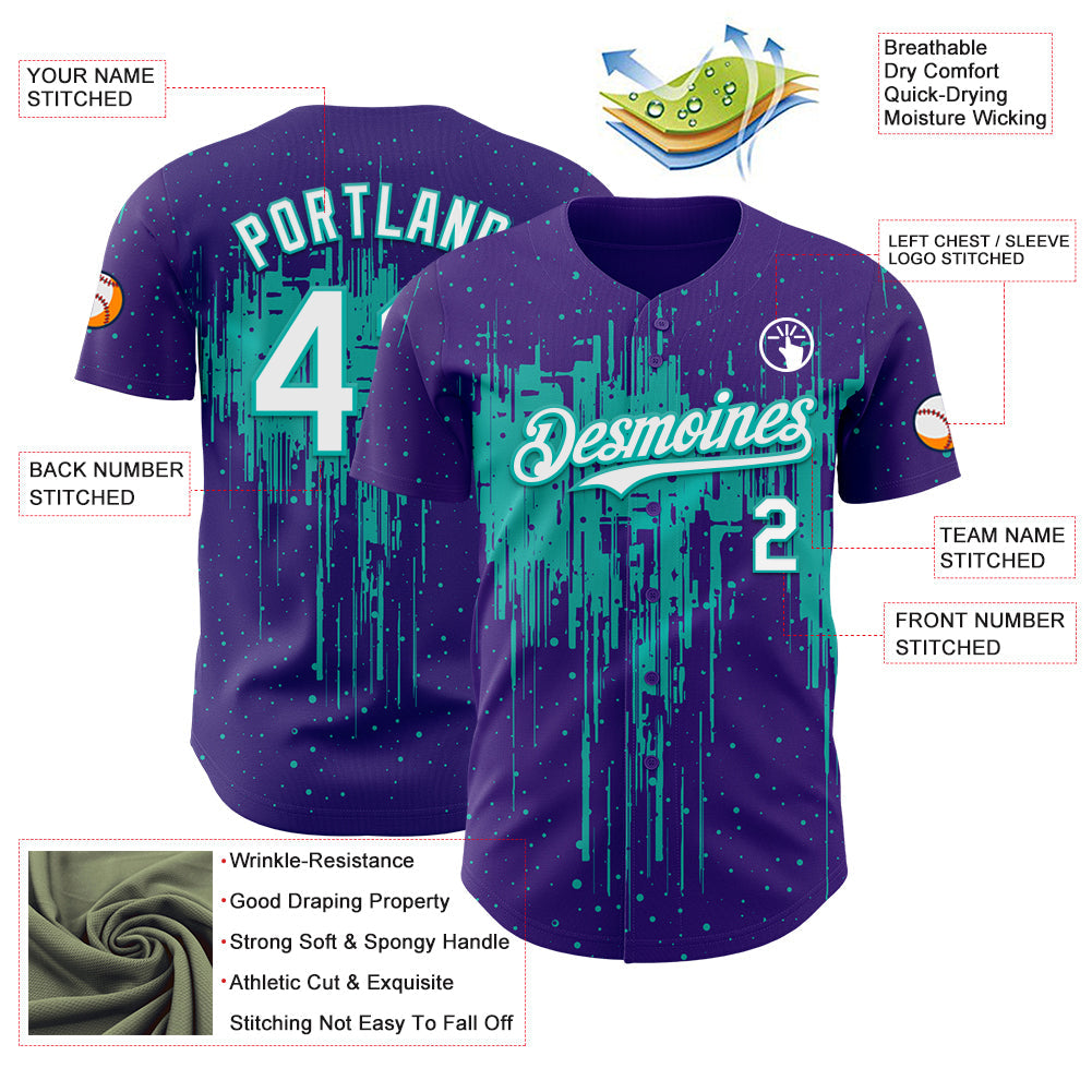 Custom Purple White-Aqua Dripping Splatter Paint Authentic Baseball Jersey baseball jersey product view 3