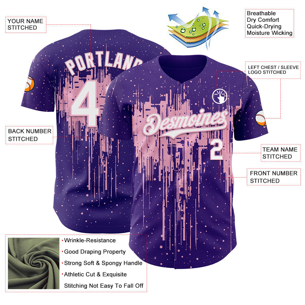 Custom Purple White-Light Pink Dripping Splatter Paint Authentic Baseball Jersey baseball jersey product view 3